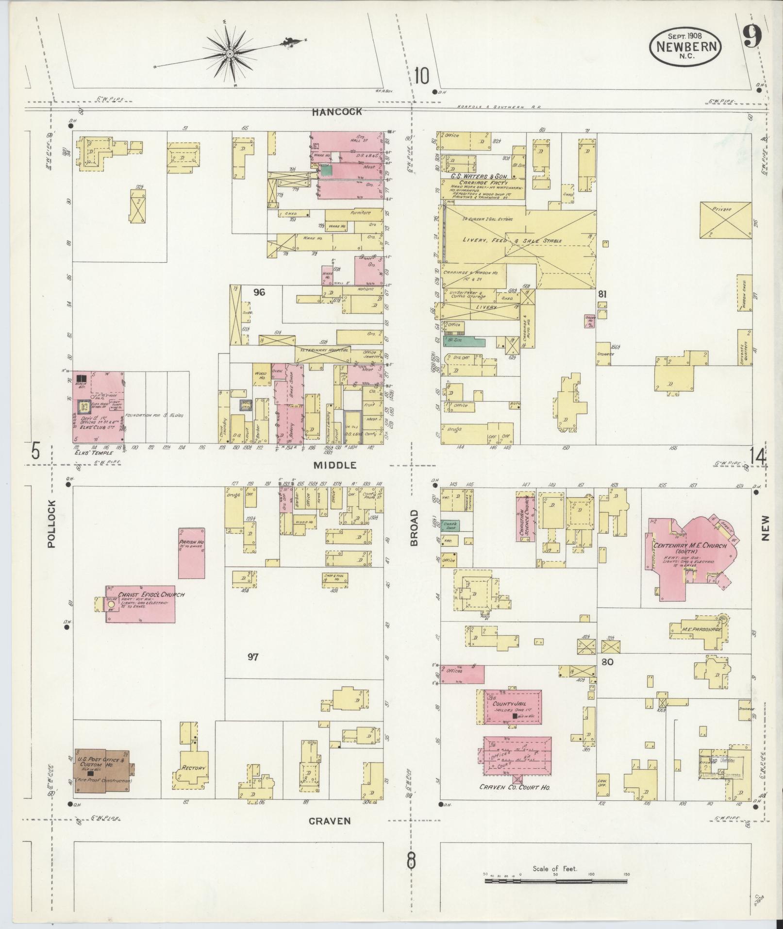Sanborn Fire Insurance Map from New Bern, Craven County, North Carolina (1908), Sheet #0009 - Complete Map Set gallery image, historic Sanborn map, vintage wall art, North Carolina North Carolina