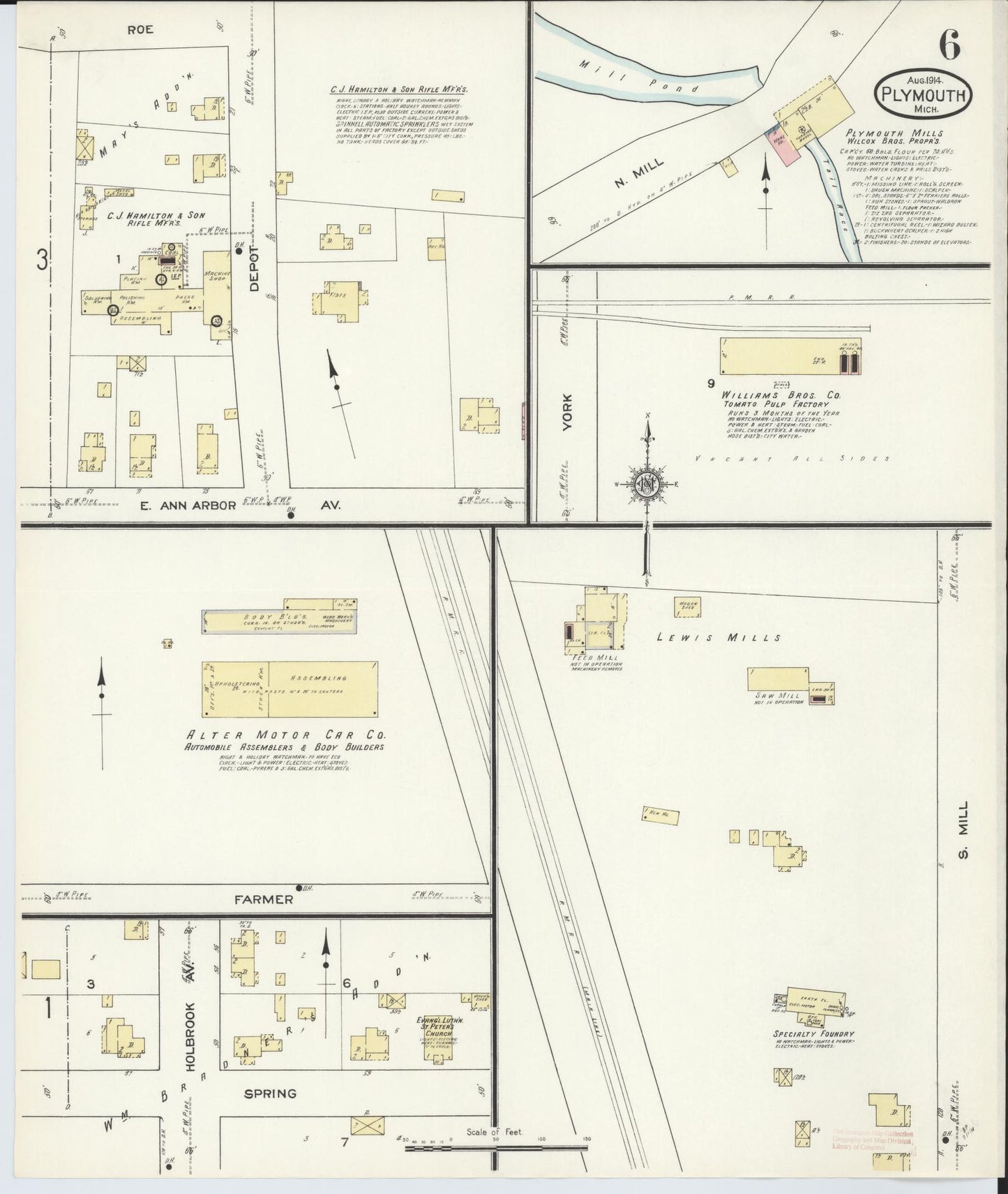 Sanborn Fire Insurance Map from Plymouth, Wayne County, Michigan (1914), Sheet #0006 - Historic Sanborn Fire Insurance Map Print, vintage old map wall art, antique decor, genealogy gift, Michigan Michigan map