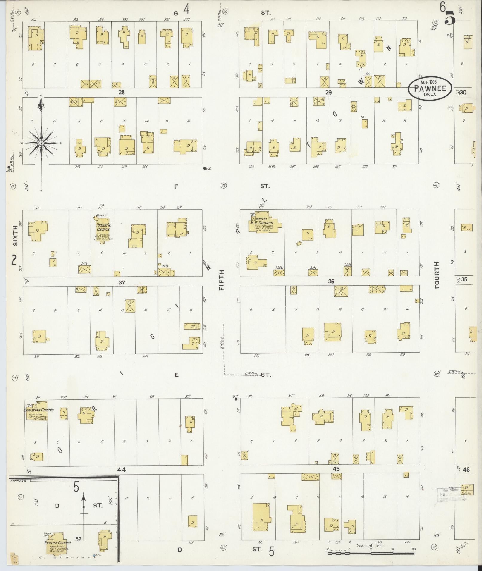 Sanborn Fire Insurance Map from Pawnee, Pawnee County, Oklahoma (1908), Sheet #0005 - Historic Sanborn Fire Insurance Map Print, vintage old map wall art, antique decor, genealogy gift, Oklahoma Oklahoma map