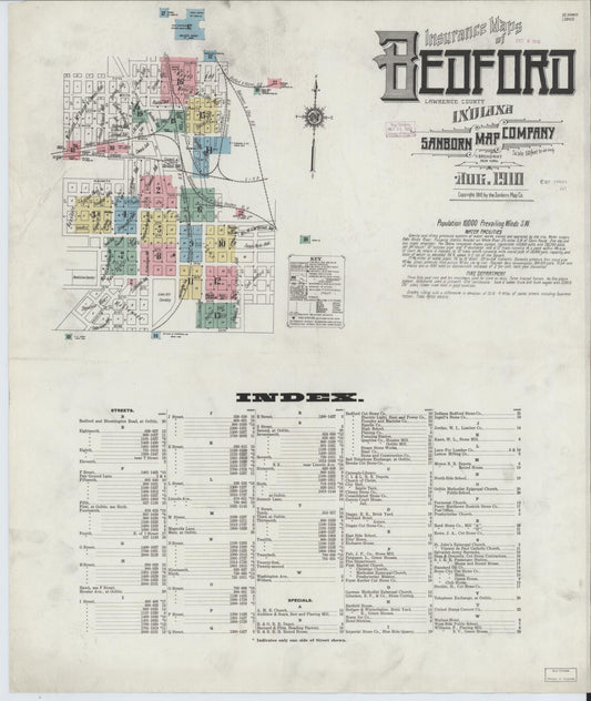 Sanborn Fire Insurance Map from Bedford, Lawrence County, Indiana (1910), Sheet #0001 - Historic Sanborn Fire Insurance Map Print, vintage old map wall art, antique decor, genealogy gift, Indiana Indiana map