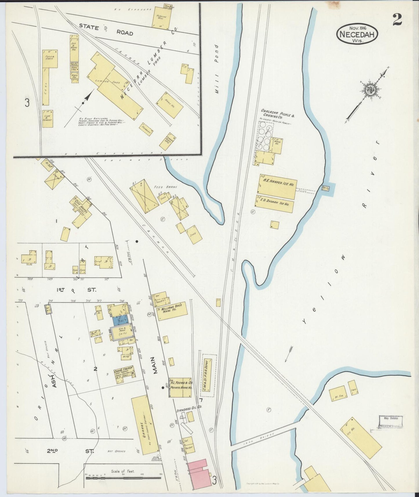 Sanborn Fire Insurance Map from Necedah, Juneau County, Wisconsin (1916), Sheet #0002 - Historic Sanborn Fire Insurance Map Print, vintage old map wall art, antique decor, genealogy gift, Wisconsin Wisconsin map