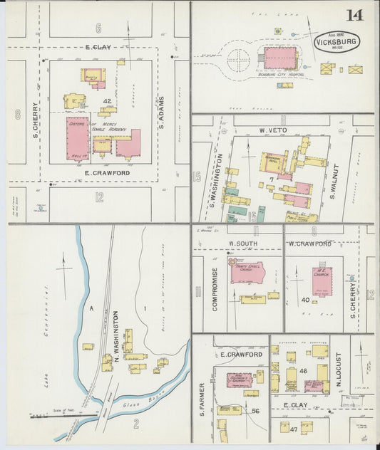 Sanborn Fire Insurance Map from Vicksburg, Warren County, Mississippi (1892), Sheet #0014 - Historic Sanborn Fire Insurance Map Print, vintage old map wall art, antique decor, genealogy gift, Mississippi Mississippi map