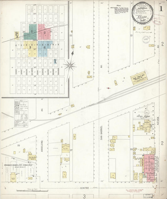 Sanborn Fire Insurance Map from Azusa, Los Angeles County, California (1899), Sheet #0001 - Historic Sanborn Fire Insurance Map Print, vintage old map wall art, antique decor, genealogy gift, California California map