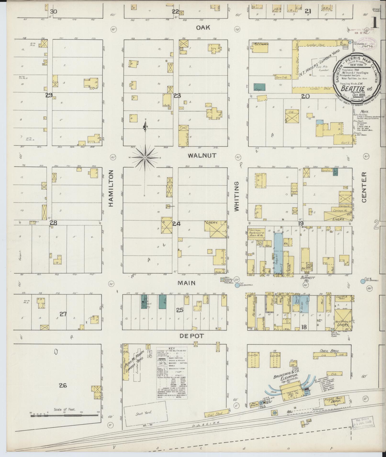 Sanborn Fire Insurance Map from Beattie, Marshall County, Kansas (1893), Sheet #0001 - Complete Map Set gallery image, historic Sanborn map, vintage wall art, Kansas Kansas