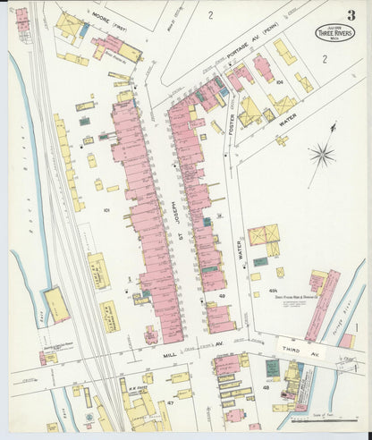 Sanborn Fire Insurance Map from Three Rivers, Saint Joseph County, Michigan (1909), Sheet #0003 - Historic Sanborn Fire Insurance Map Print, vintage old map wall art, antique decor, genealogy gift, Michigan Michigan map