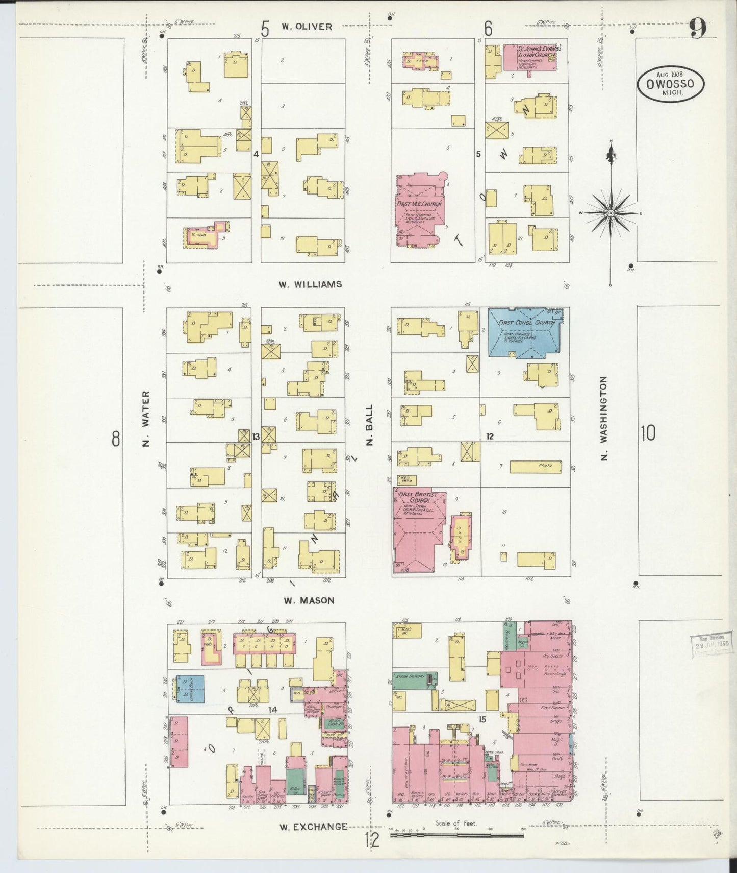 Sanborn Fire Insurance Map from Owosso, Shiawassee County, Michigan (1908), Sheet #0009 - Complete Map Set gallery image, historic Sanborn map, vintage wall art, Michigan Michigan