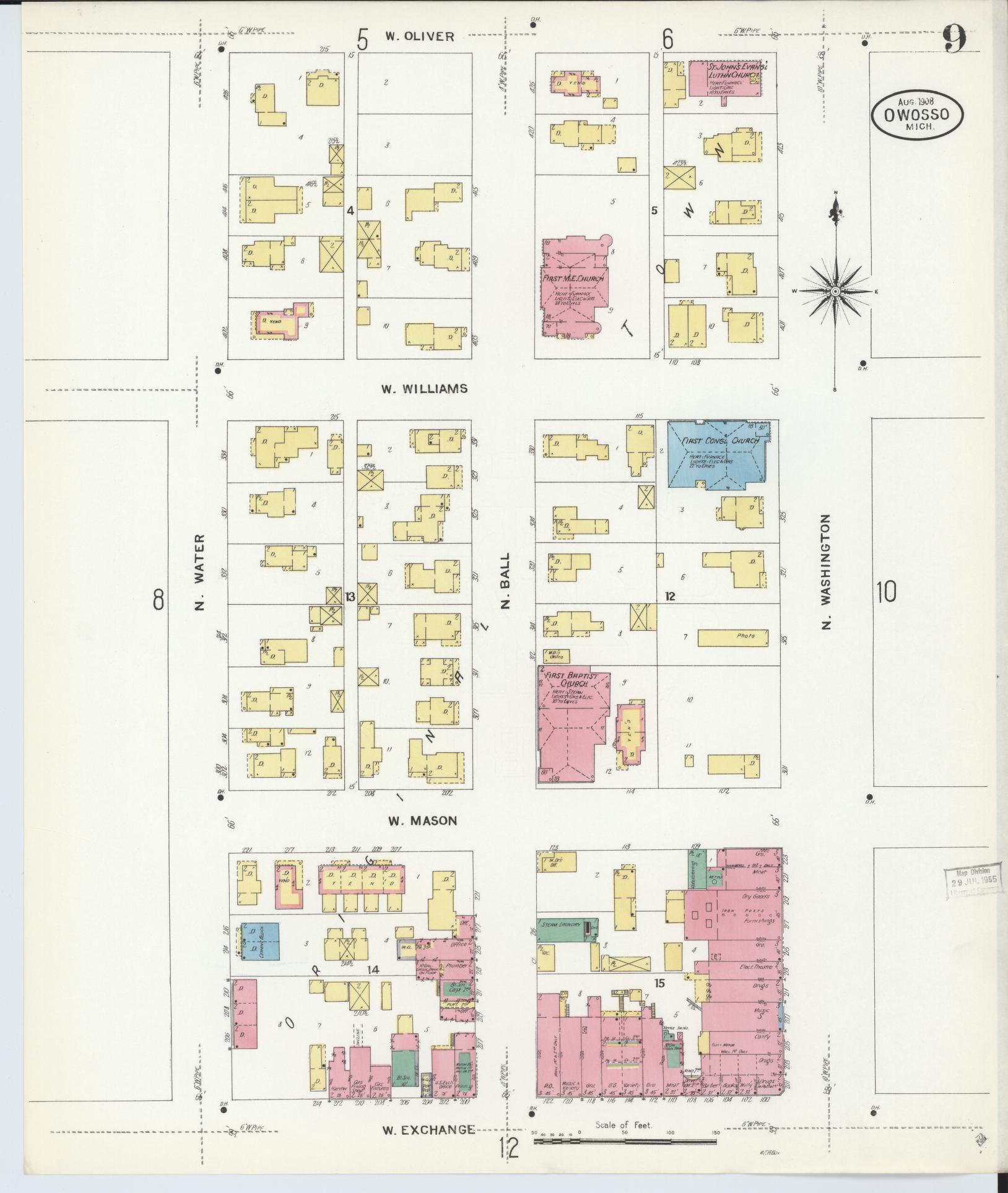 Sanborn Fire Insurance Map from Owosso, Shiawassee County, Michigan (1908), Sheet #0009 - Complete Map Set gallery image, historic Sanborn map, vintage wall art, Michigan Michigan