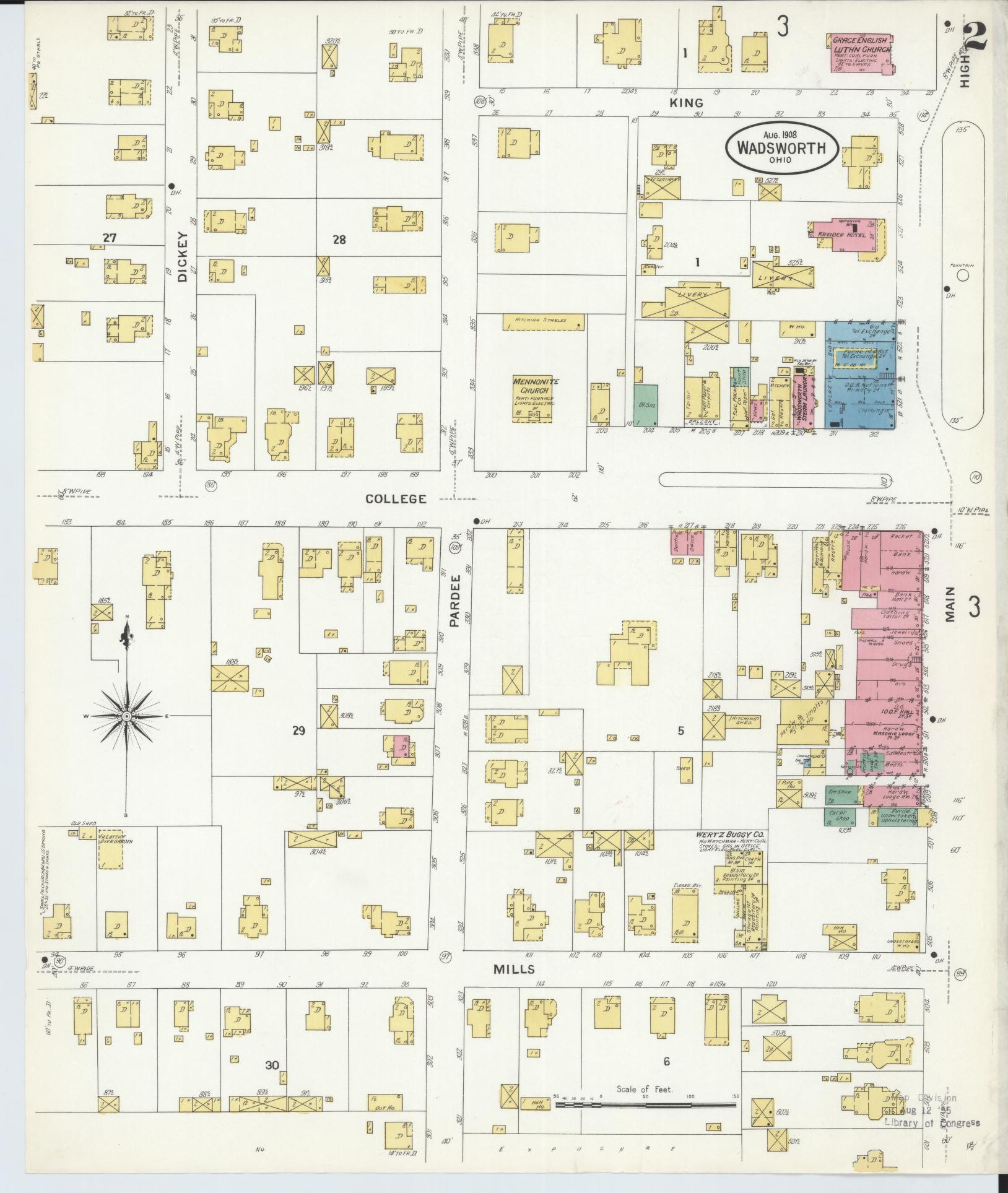 Sanborn Fire Insurance Map from Wadsworth, Medina County, Ohio (1908), Sheet #0002 - Complete Map Set gallery image, historic Sanborn map, vintage wall art, Ohio Ohio
