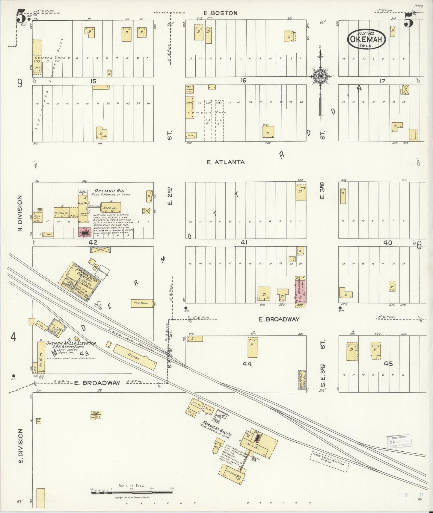 Sanborn Fire Insurance Map from Okemah, Okfuskee County, Oklahoma (1923), Sheet #0005 - Historic Sanborn Fire Insurance Map Print, vintage old map wall art, antique decor, genealogy gift, Oklahoma Oklahoma map