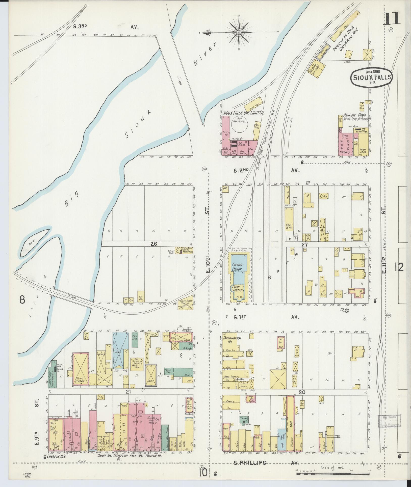 Sanborn Fire Insurance Map from Sioux Falls, Minnehaha County, South Dakota (1896), Sheet #0011 - Historic Sanborn Fire Insurance Map Print, vintage old map wall art, antique decor, genealogy gift, South Dakota South Dakota map