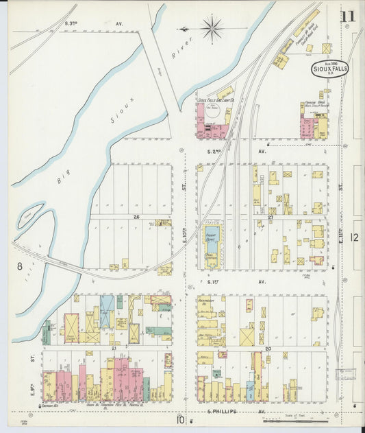 Sanborn Fire Insurance Map from Sioux Falls, Minnehaha County, South Dakota (1896), Sheet #0011 - Historic Sanborn Fire Insurance Map Print, vintage old map wall art, antique decor, genealogy gift, South Dakota South Dakota map