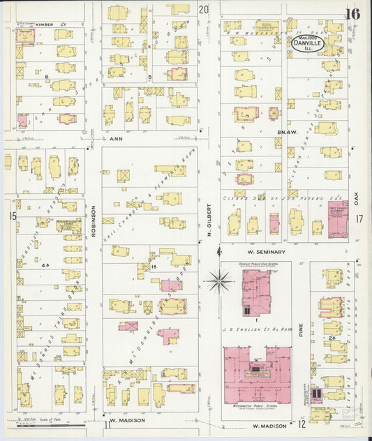 Sanborn Fire Insurance Map from Danville, Vermilion County, Illinois (1909), Sheet #0016 - Historic Sanborn Fire Insurance Map Print, vintage old map wall art, antique decor, genealogy gift, Illinois Illinois map