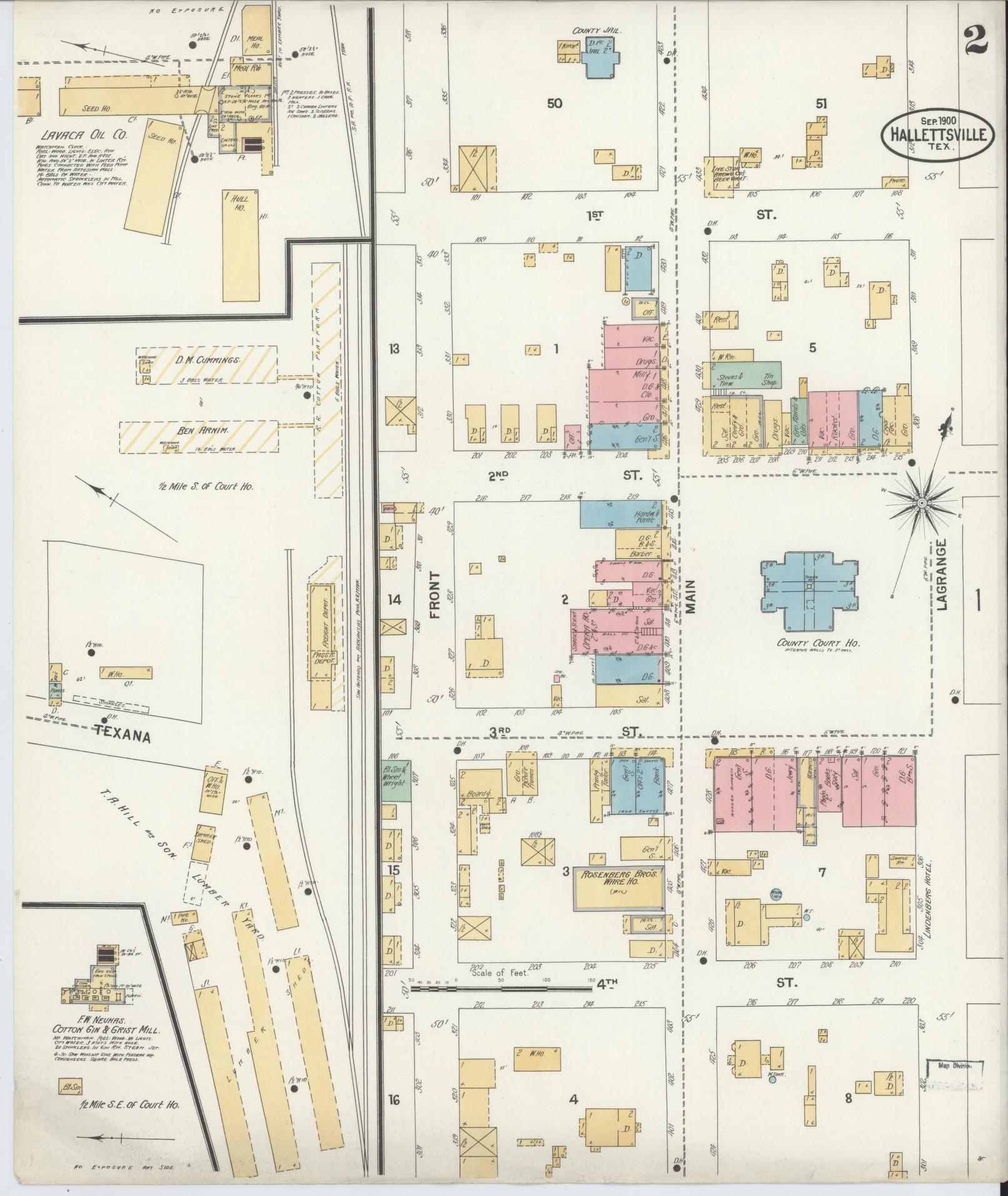 Sanborn Fire Insurance Map from Hallettsville, Lavaca County, Texas (1900), Sheet #0002 - Historic Sanborn Fire Insurance Map Print, vintage old map wall art, antique decor, genealogy gift, Texas Texas map