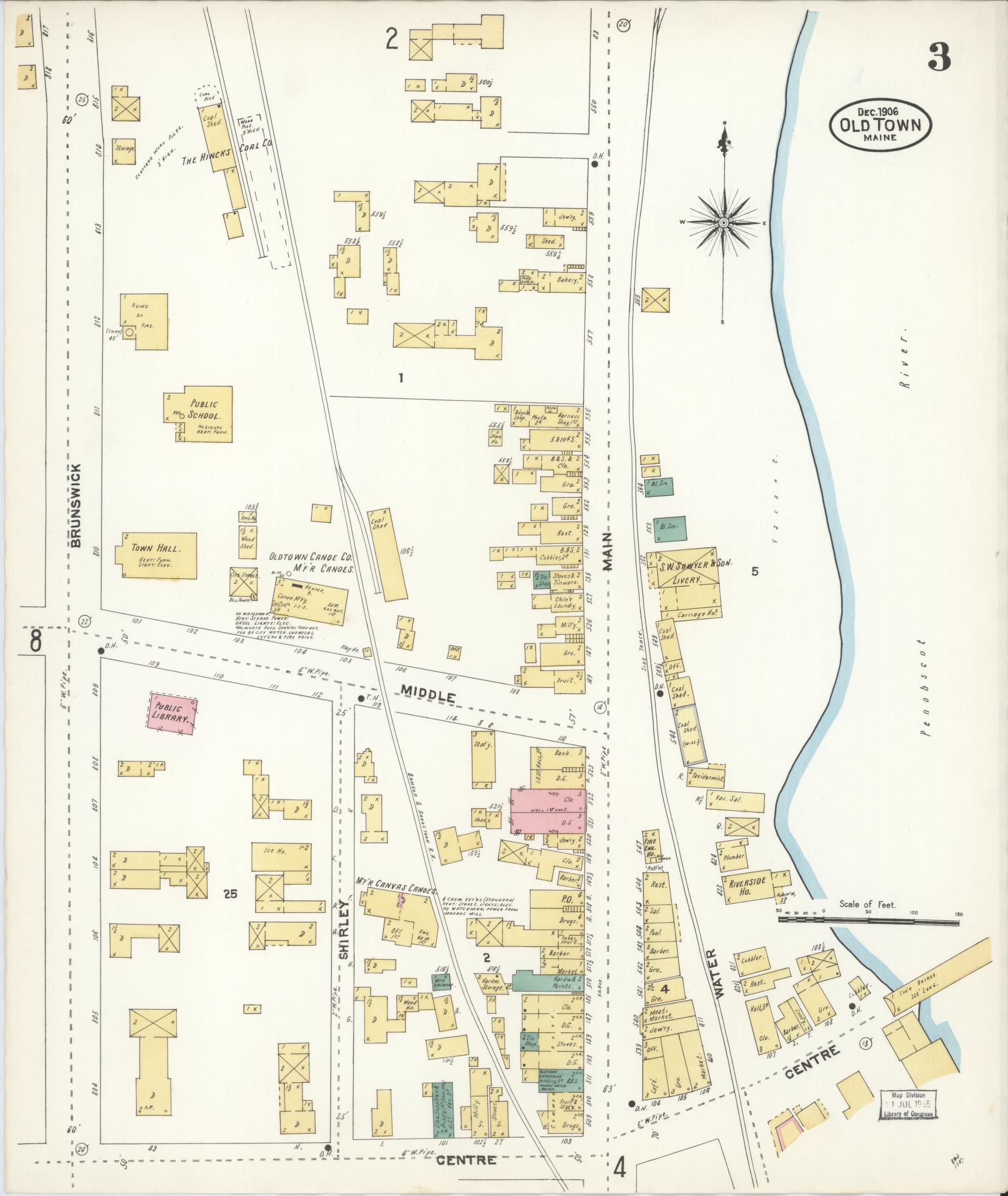 Sanborn Fire Insurance Map from Old Town, Penobscot County, Maine (1906), Sheet #0003 - Historic Sanborn Fire Insurance Map Print, vintage old map wall art, antique decor, genealogy gift, Maine Maine map