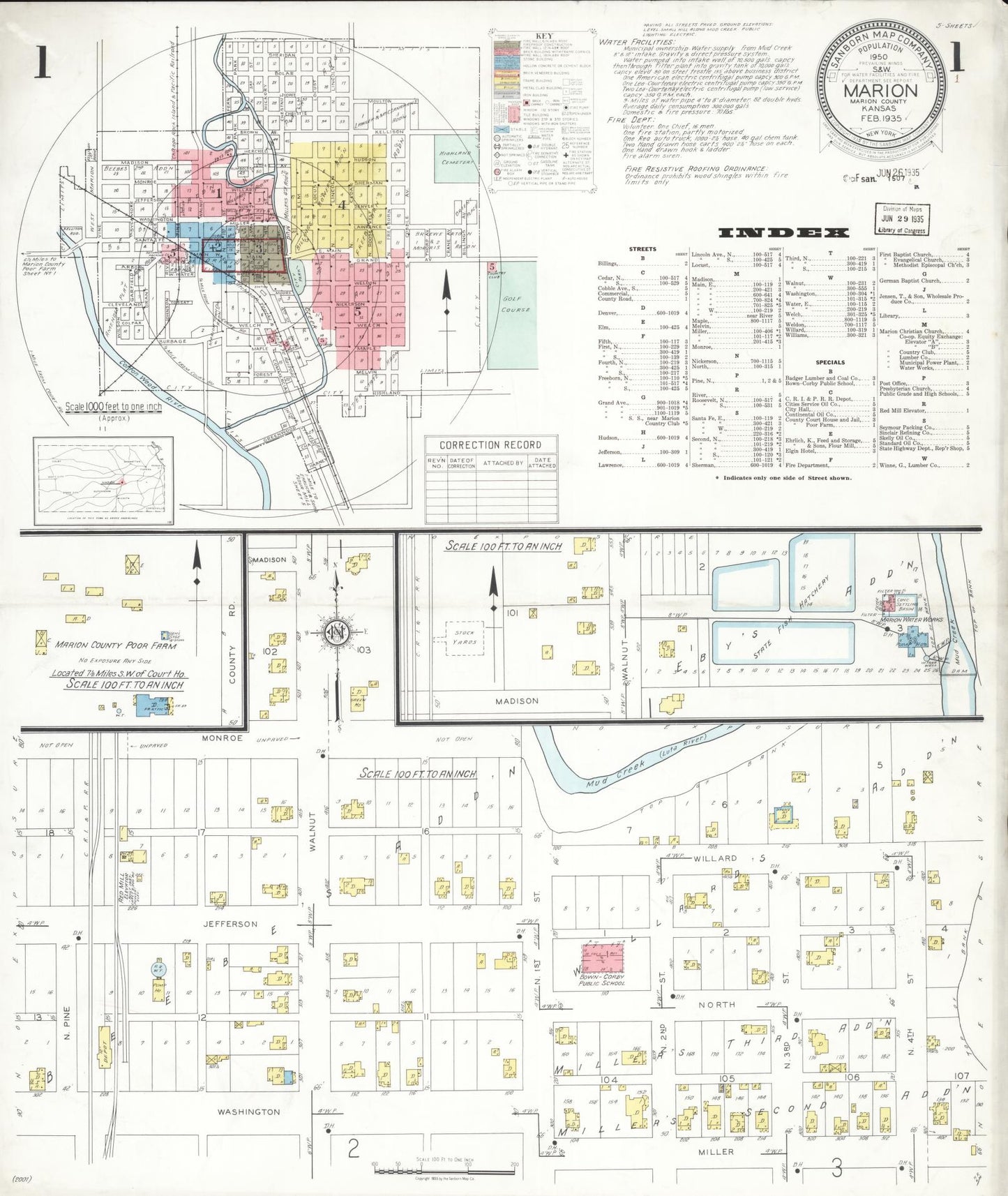 Sanborn Fire Insurance Map from Marion, Marion County, Kansas (1935), Sheet #0001 - Historic Sanborn Fire Insurance Map Print, vintage old map wall art, antique decor, genealogy gift, Kansas Kansas map