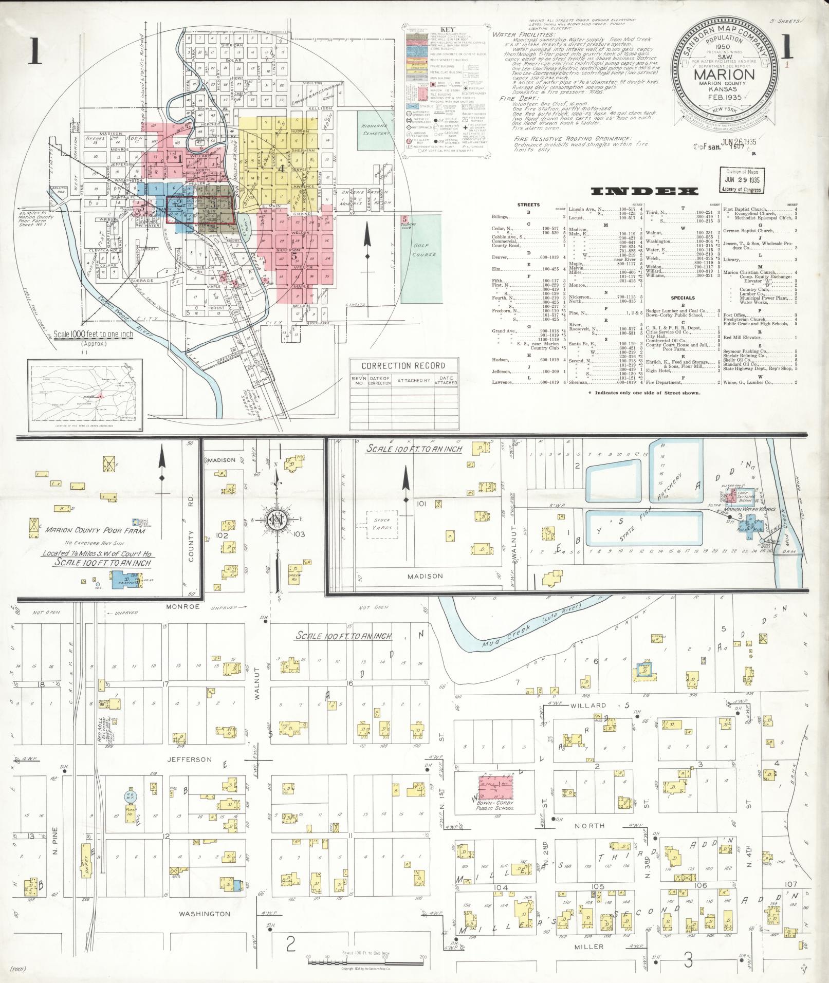 Sanborn Fire Insurance Map from Marion, Marion County, Kansas (1935), Sheet #0001 - Historic Sanborn Fire Insurance Map Print, vintage old map wall art, antique decor, genealogy gift, Kansas Kansas map