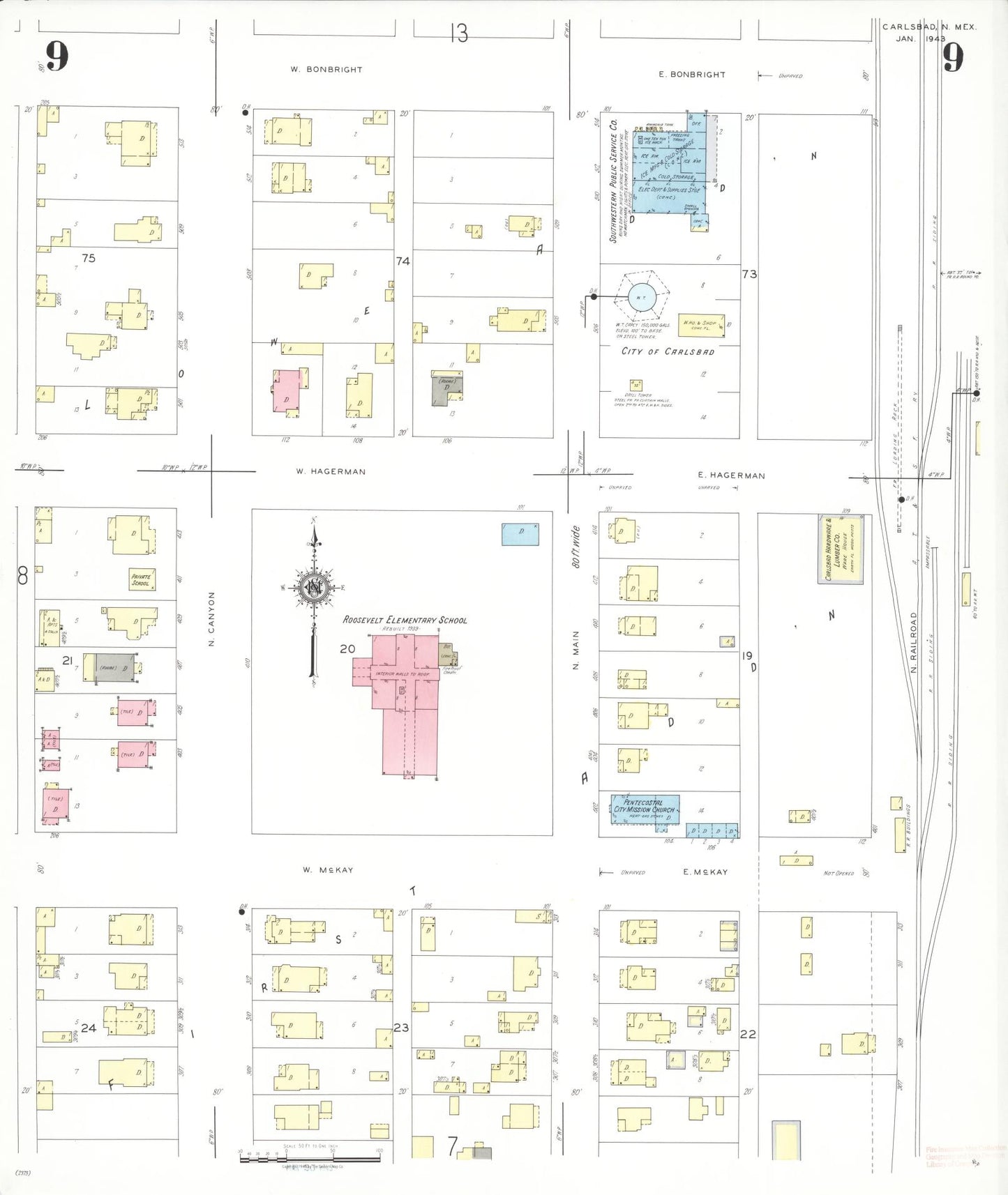 Sanborn Fire Insurance Map from Carlsbad, Eddy County, New Mexico (1943), Sheet #0009 - Complete Map Set gallery image, historic Sanborn map, vintage wall art, New Mexico New Mexico