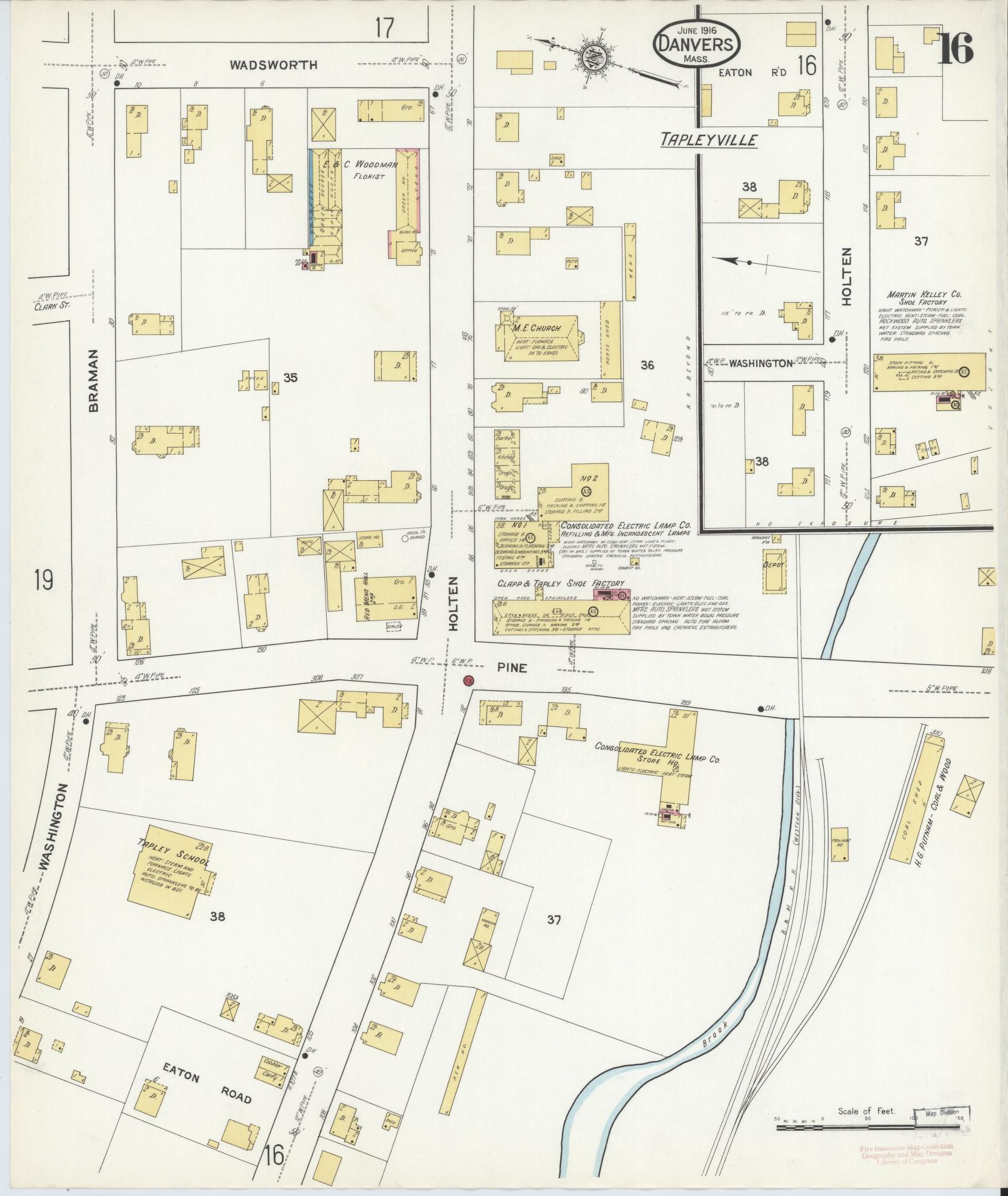 Sanborn Fire Insurance Map from Danvers, Essex County, Massachusetts (1916), Sheet #0016 - Historic Sanborn Fire Insurance Map Print, vintage old map wall art, antique decor, genealogy gift, Massachusetts Massachusetts map