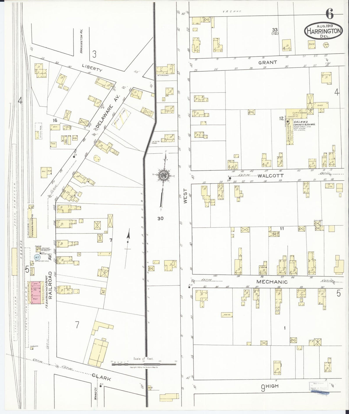 Sanborn Fire Insurance Map from Harrington, Kent County, Delaware (1919), Sheet #0006 - Historic Sanborn Fire Insurance Map Print, vintage old map wall art, antique decor, genealogy gift, Delaware Delaware map