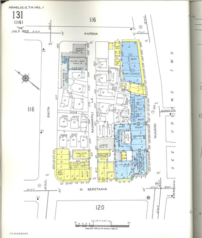 Sanborn Fire Insurance Map from Honolulu, Oahu County, Hawaii (1955), Sheet #0131 - Historic Sanborn Fire Insurance Map Print, vintage old map wall art
