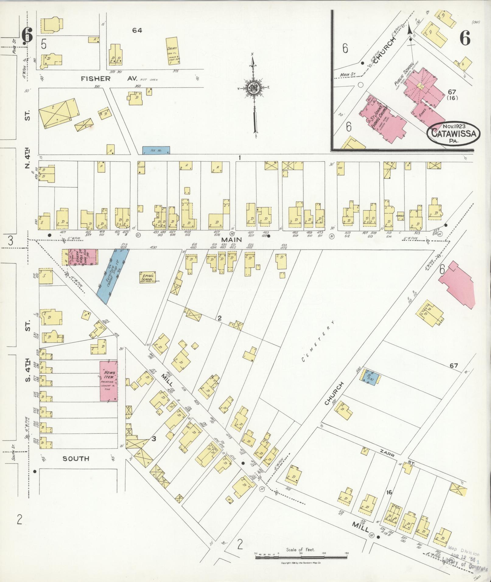 Sanborn Fire Insurance Map from Catawissa, Columbia County, Pennsylvania (1923), Sheet #0006 - Historic Sanborn Fire Insurance Map Print, vintage old map wall art, antique decor, genealogy gift, Pennsylvania Pennsylvania map