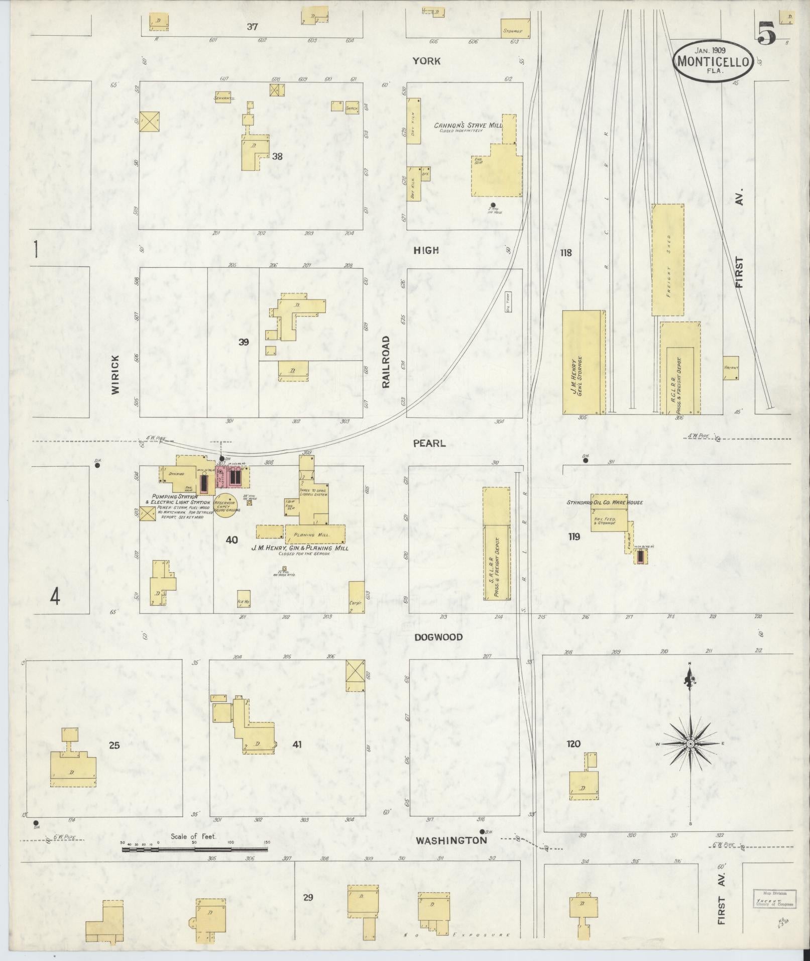Sanborn Fire Insurance Map from Monticello, Jefferson County, Florida (1909), Sheet #0005 - Historic Sanborn Fire Insurance Map Print, vintage old map wall art, antique decor, genealogy gift, Florida Florida map