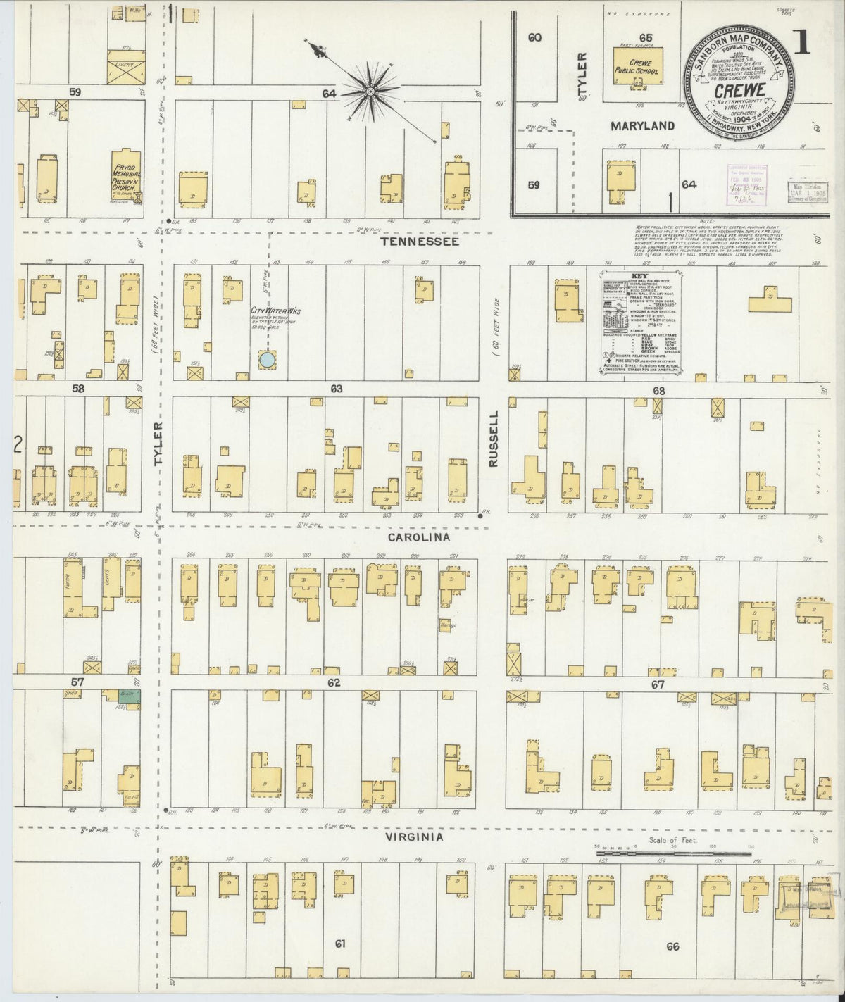 Sanborn Fire Insurance Map from Crewe, Nottoway County, Virginia (1904), Sheet #0001 - Complete Map Set gallery image, historic Sanborn map, vintage wall art, Virginia Virginia