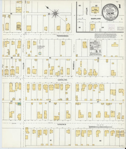 Sanborn Fire Insurance Map from Crewe, Nottoway County, Virginia (1904), Sheet #0001 - Complete Map Set gallery image, historic Sanborn map, vintage wall art, Virginia Virginia