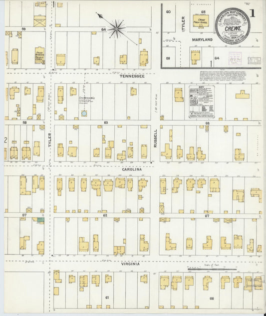 Sanborn Fire Insurance Map from Crewe, Nottoway County, Virginia (1904), Sheet #0001 - Complete Map Set gallery image, historic Sanborn map, vintage wall art, Virginia Virginia
