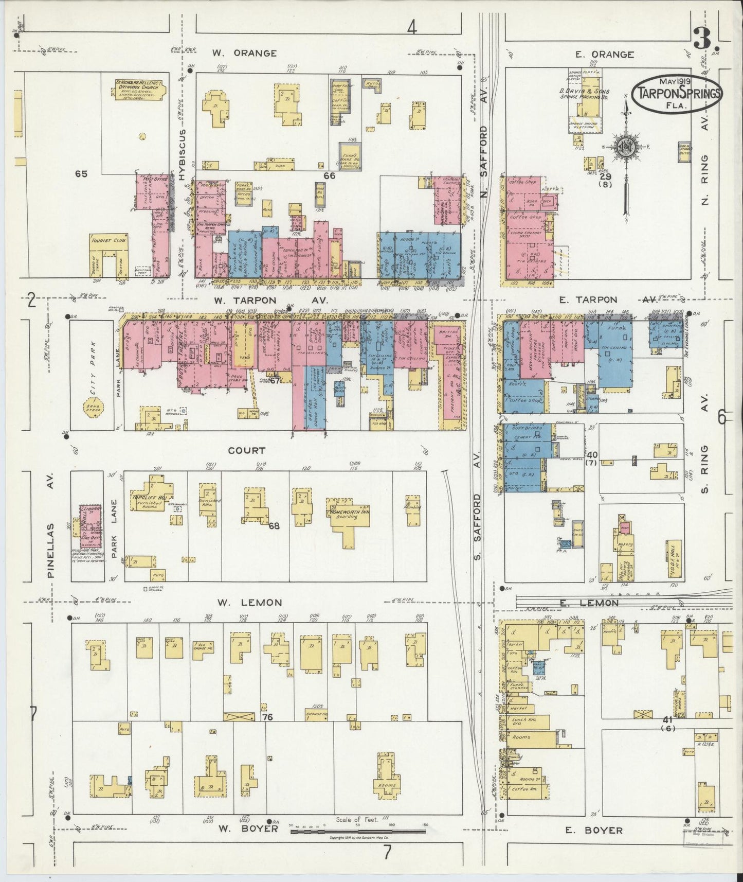 Sanborn Fire Insurance Map from Tarpon Springs, Pinellas County, Florida (1919), Sheet #0003 - Complete Map Set gallery image, historic Sanborn map, vintage wall art, Florida Florida