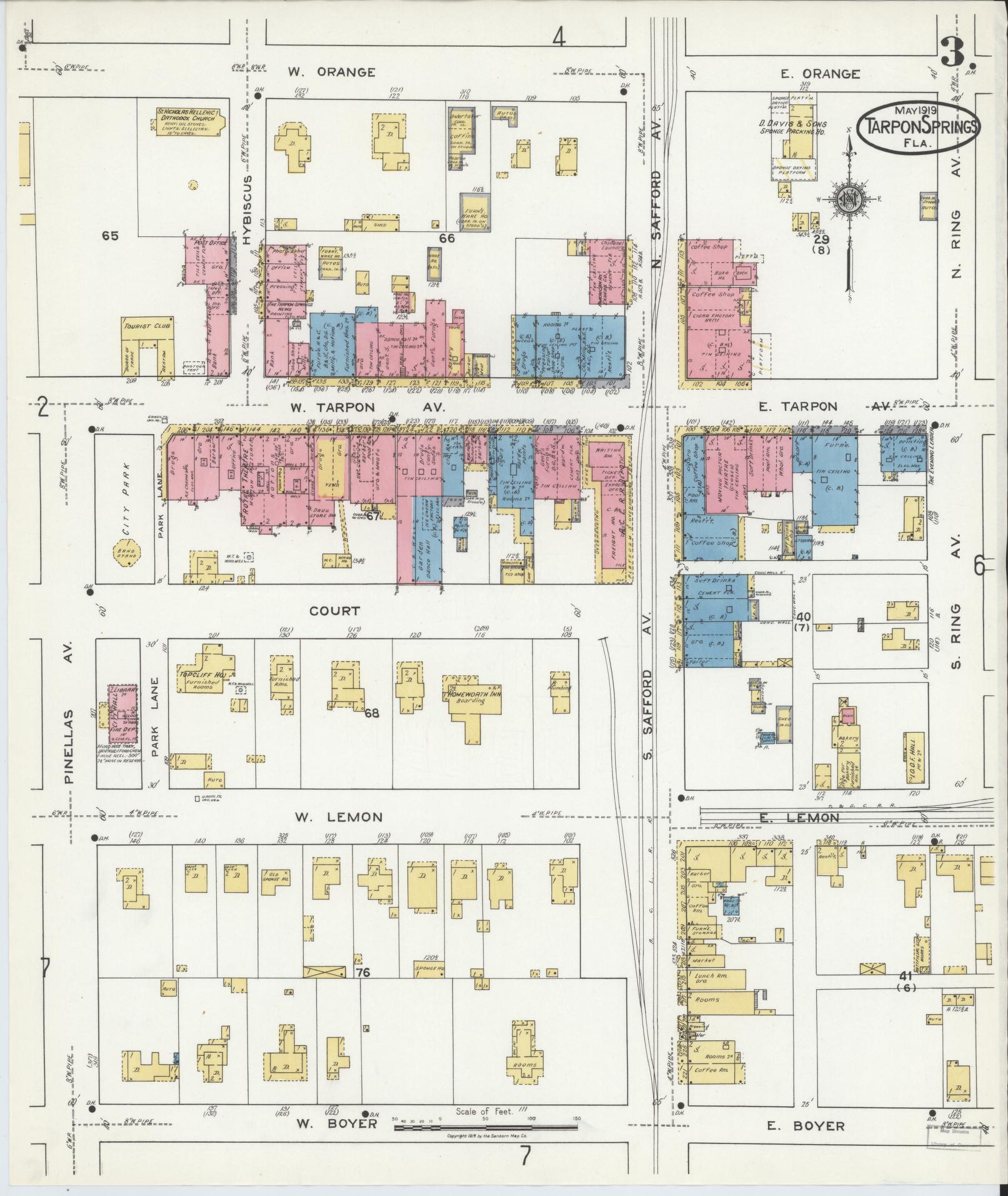 Sanborn Fire Insurance Map from Tarpon Springs, Pinellas County, Florida (1919), Sheet #0003 - Complete Map Set gallery image, historic Sanborn map, vintage wall art, Florida Florida