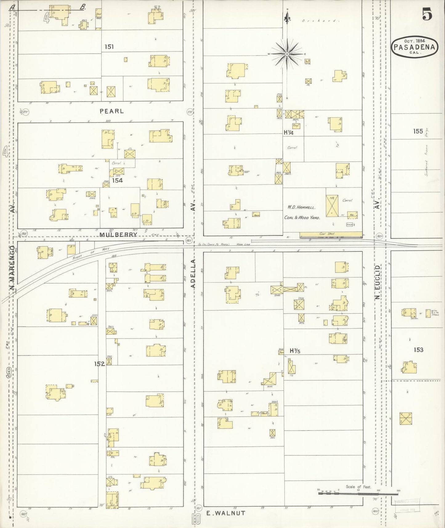 Sanborn Fire Insurance Map from Pasadena, Los Angeles County, California (1894), Sheet #0005 - Complete Map Set gallery image, historic Sanborn map, vintage wall art, California California