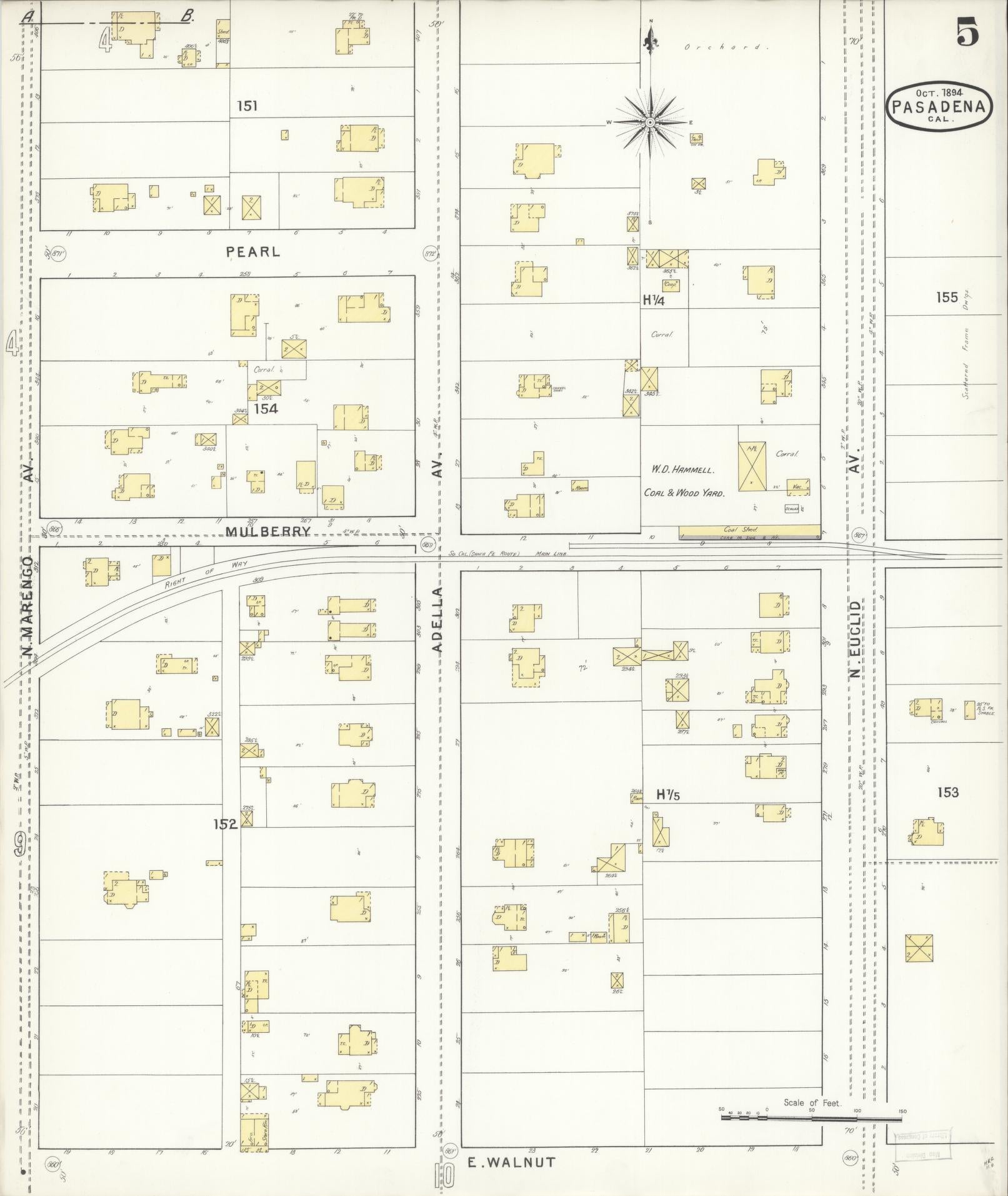 Sanborn Fire Insurance Map from Pasadena, Los Angeles County, California (1894), Sheet #0005 - Complete Map Set gallery image, historic Sanborn map, vintage wall art, California California