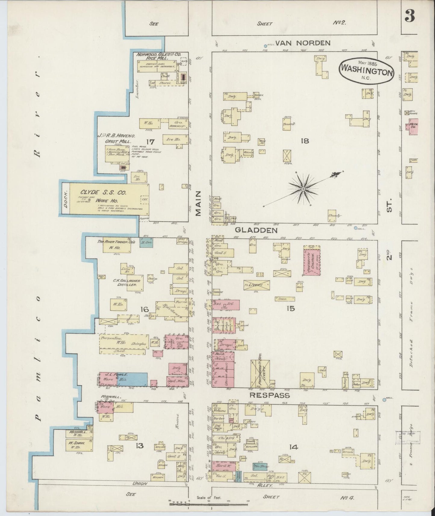 Sanborn Fire Insurance Map from Washington, Beaufort County, North Carolina (1885), Sheet #0003 - Historic Sanborn Fire Insurance Map Print, vintage old map wall art, antique decor, genealogy gift, Washington Washington map
