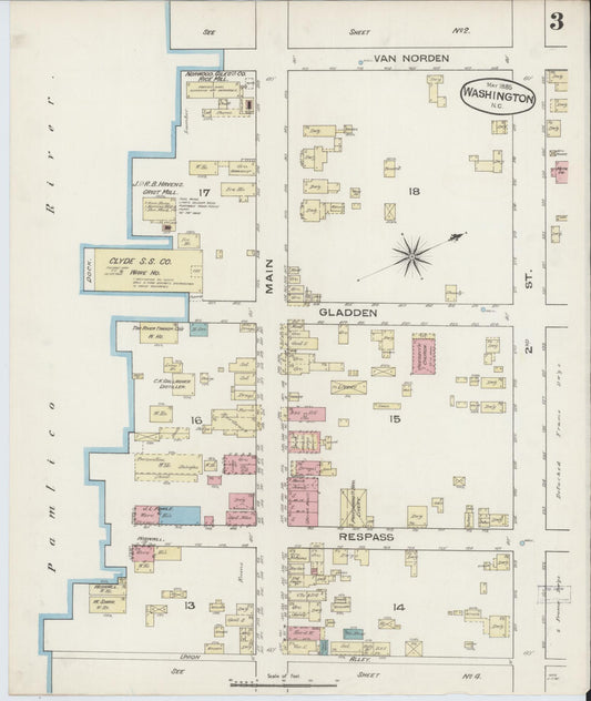 Sanborn Fire Insurance Map from Washington, Beaufort County, North Carolina (1885), Sheet #0003 - Historic Sanborn Fire Insurance Map Print, vintage old map wall art, antique decor, genealogy gift, Washington Washington map