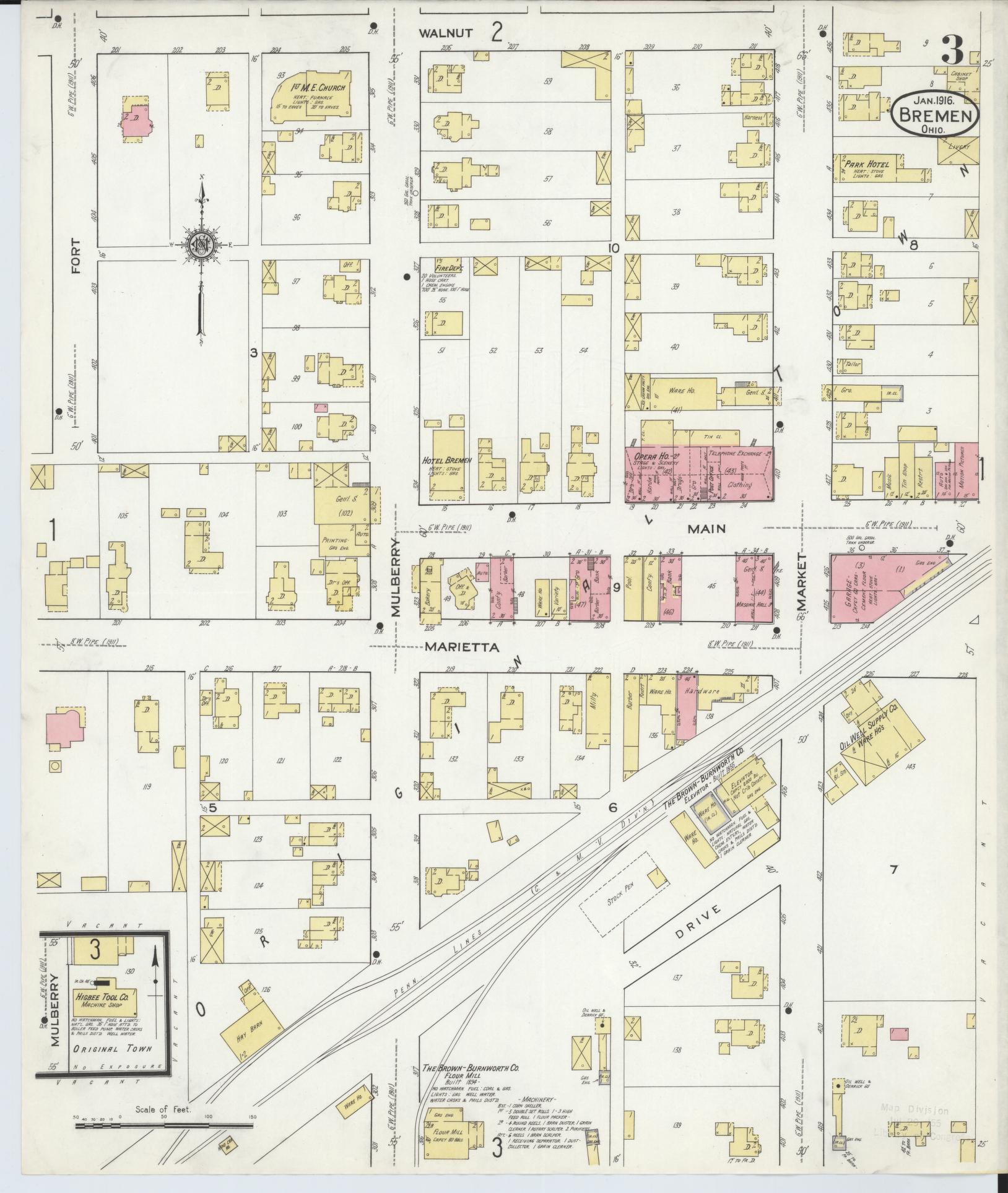 Sanborn Fire Insurance Map from Bremen, Fairfield County, Ohio (1916), Sheet #0003 - Historic Sanborn Fire Insurance Map Print, vintage old map wall art, antique decor, genealogy gift, Ohio Ohio map