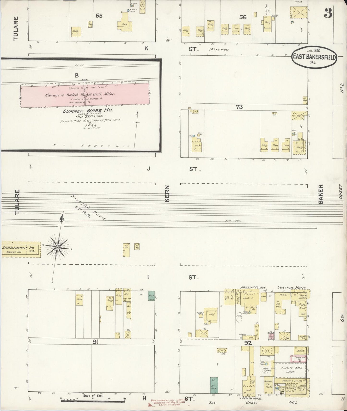 Sanborn Fire Insurance Map from East Bakersfield, Kern County, California (1890), Sheet #0003 - Complete Map Set gallery image, historic Sanborn map, vintage wall art, California California
