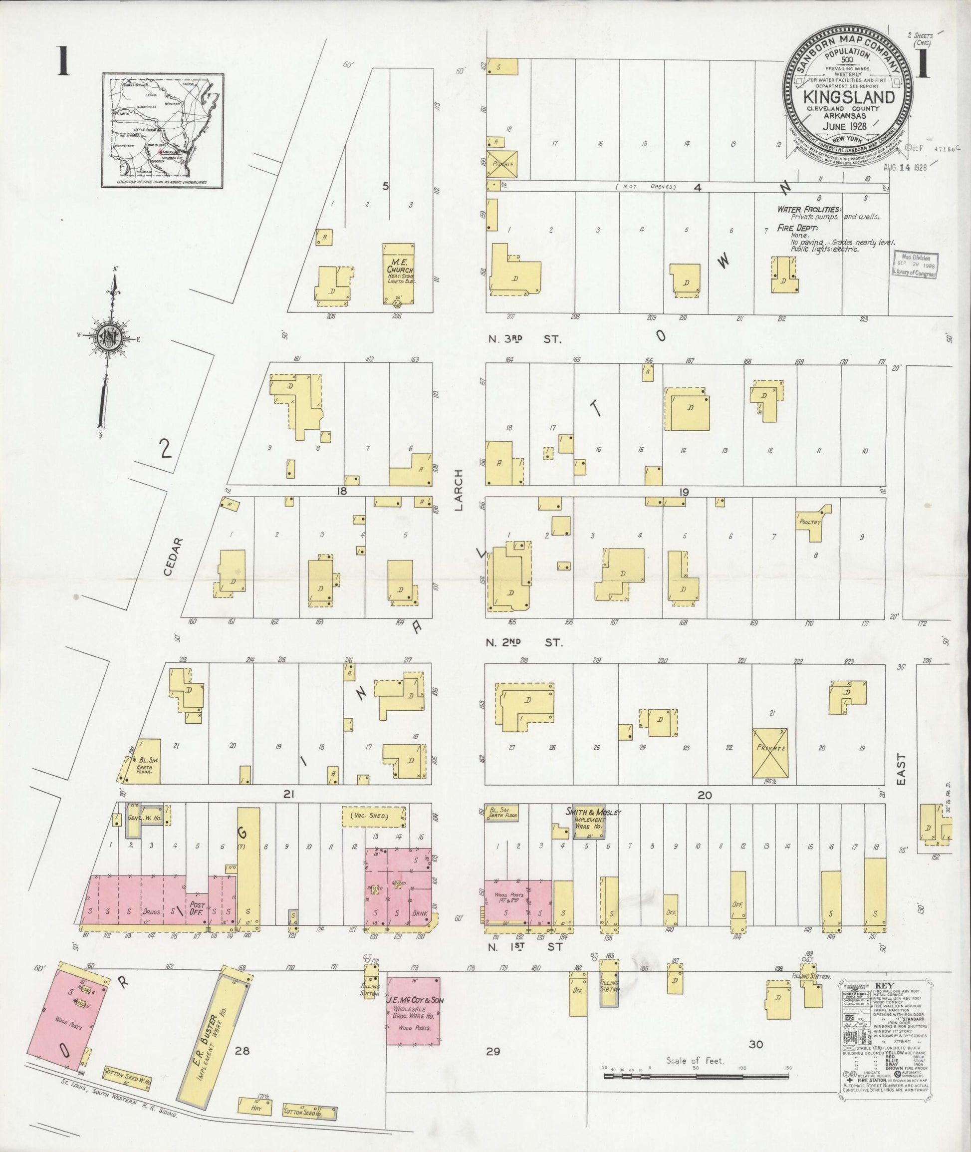 Sanborn Fire Insurance Map from Kingsland, Cleveland County, Arkansas (1928), Sheet #0001 - Complete Map Set gallery image, historic Sanborn map, vintage wall art, Arkansas Arkansas