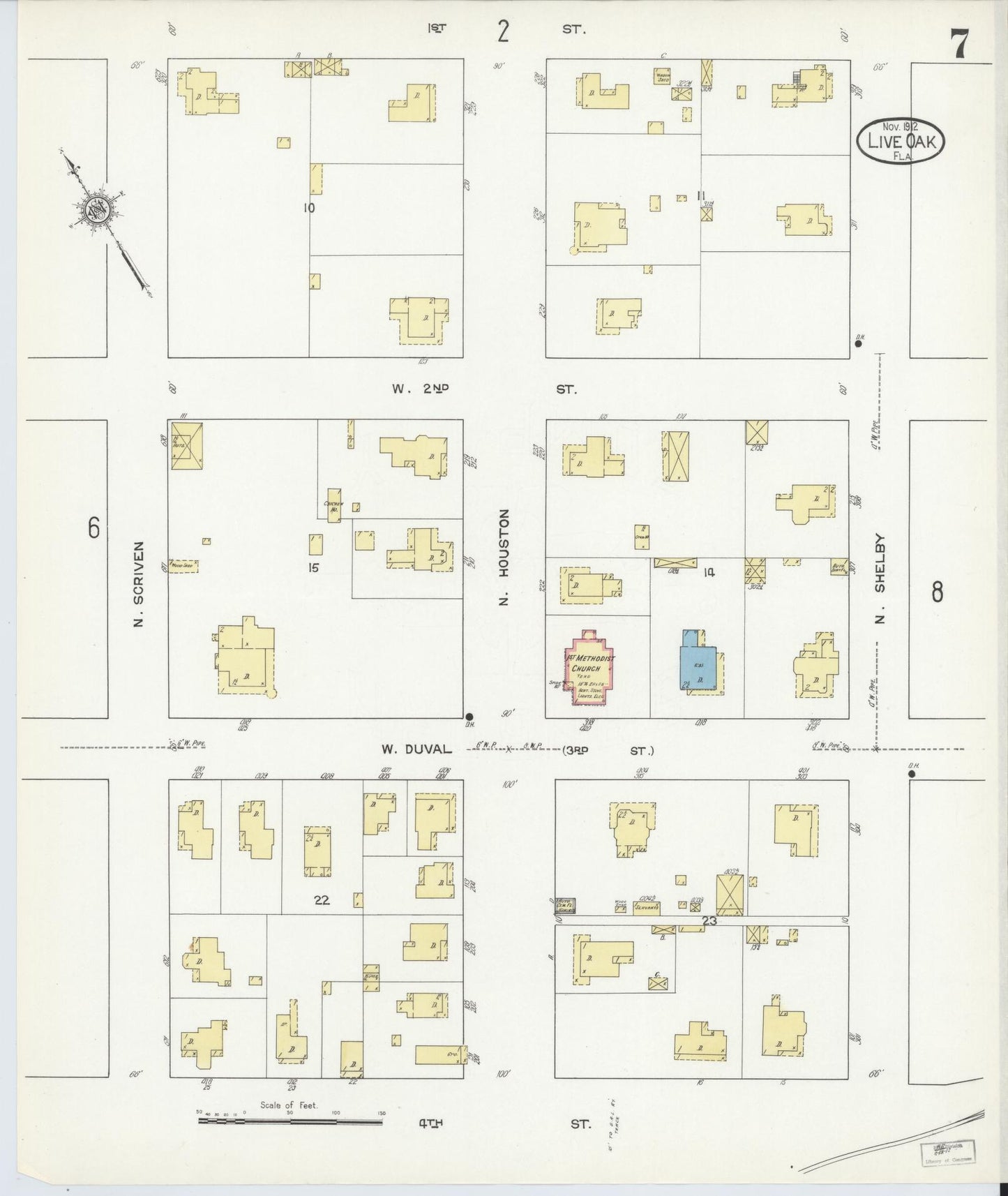 Sanborn Fire Insurance Map from Live Oak, Suwanee County, Florida (1912), Sheet #0007 - Historic Sanborn Fire Insurance Map Print, vintage old map wall art, antique decor, genealogy gift, Florida Florida map