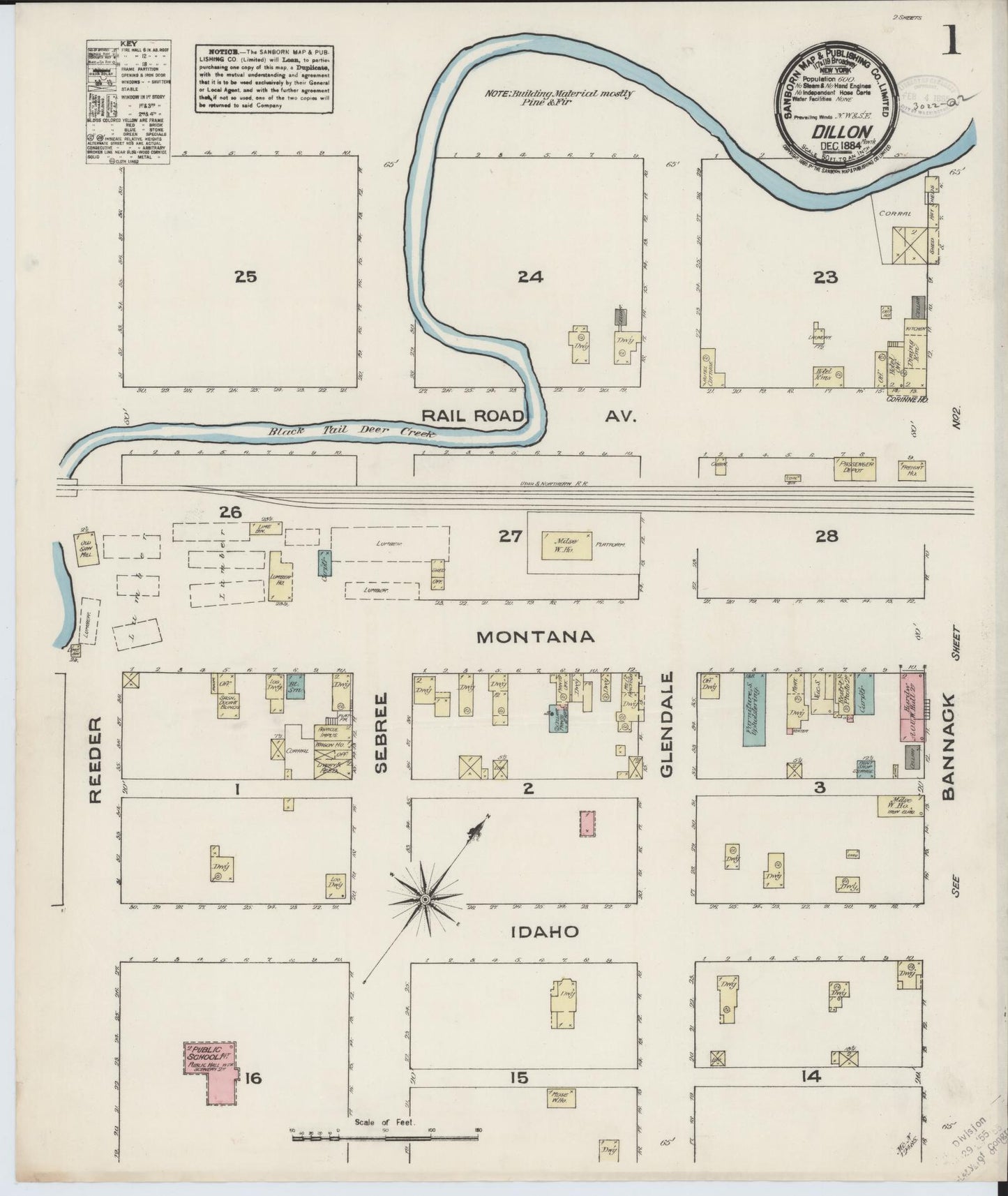 Sanborn Fire Insurance Map from Dillon, Beaverhead County, Montana (1884), Sheet #0001 - Complete Map Set gallery image, historic Sanborn map, vintage wall art, Montana Montana