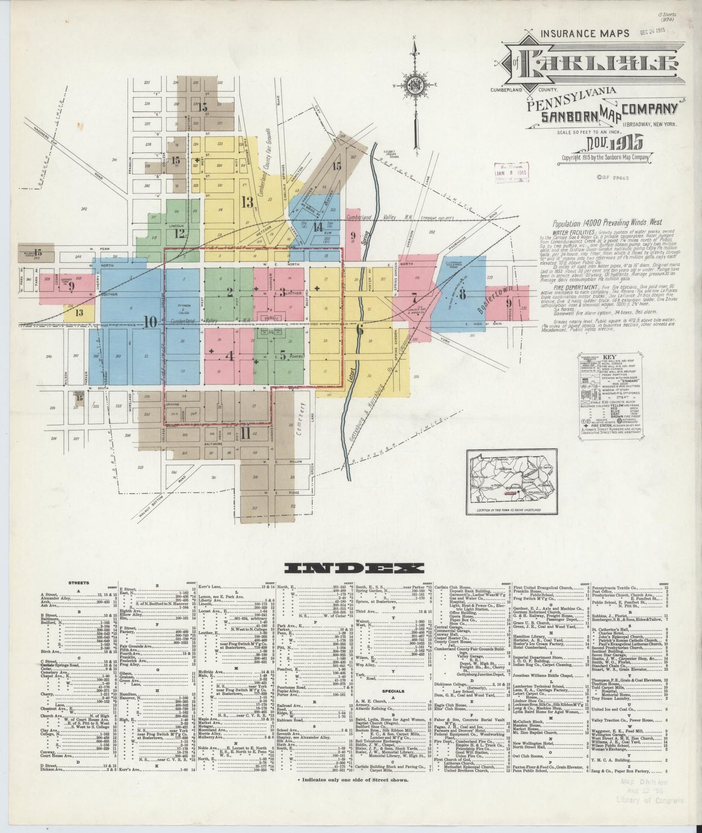Sanborn Fire Insurance Map from Carlisle, Cumberland County, Pennsylvania (1915), Sheet #0001 - Historic Sanborn Fire Insurance Map Print, vintage old map wall art, antique decor, genealogy gift, Pennsylvania Pennsylvania map