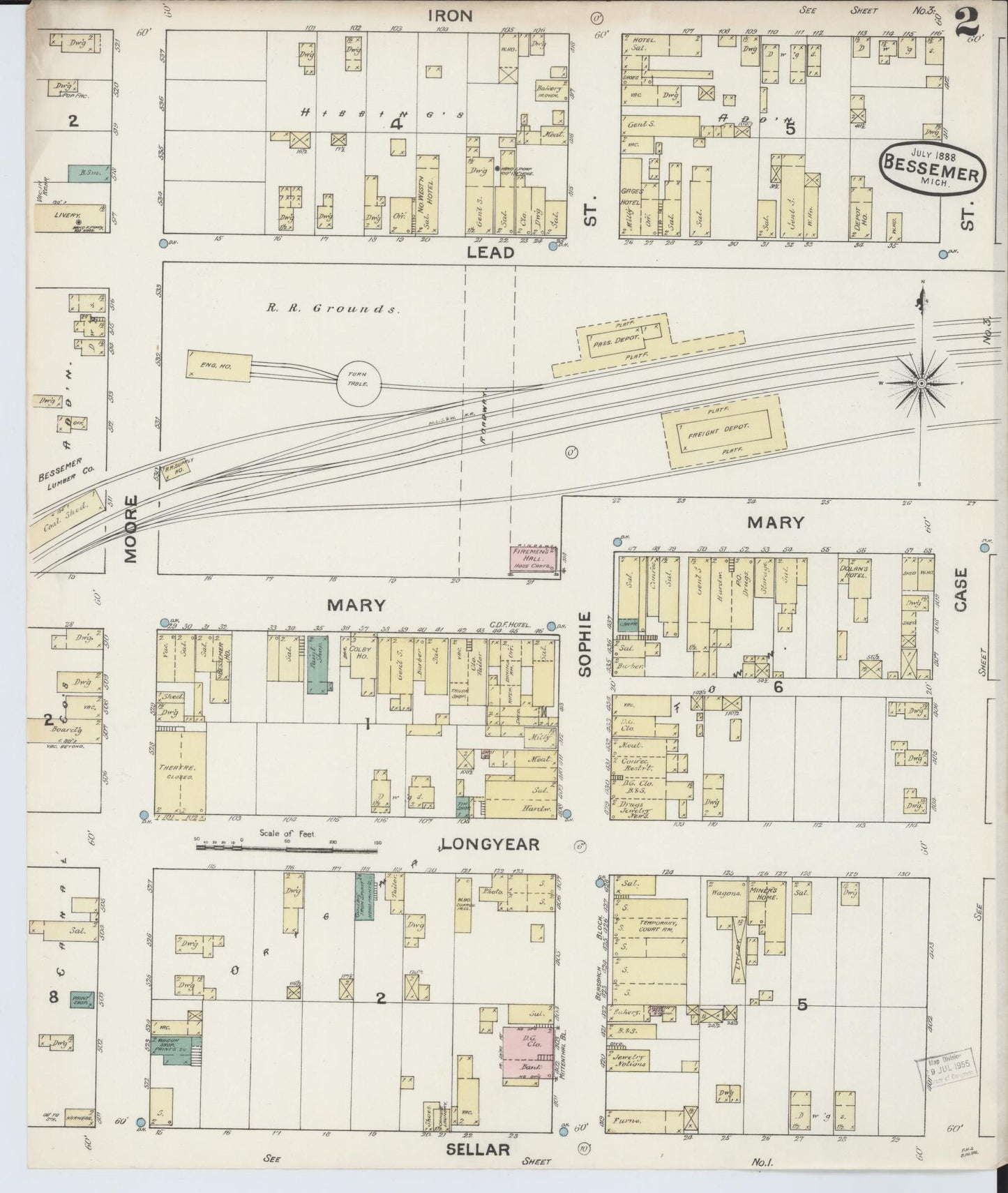 Sanborn Fire Insurance Map from Bessemer, Gogebic County, Michigan (1888), Sheet #0002 - Complete Map Set gallery image, historic Sanborn map, vintage wall art, Michigan Michigan