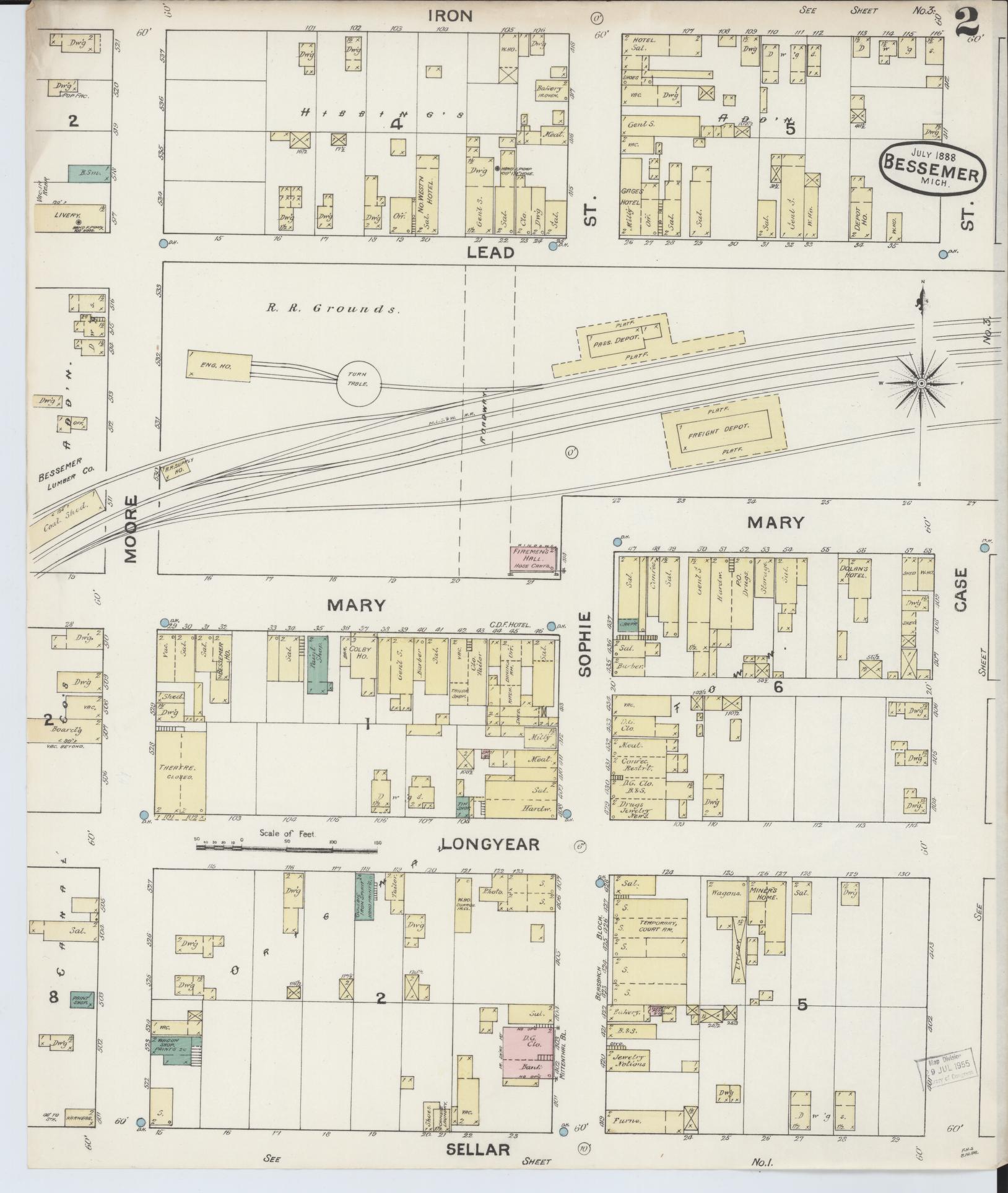 Sanborn Fire Insurance Map from Bessemer, Gogebic County, Michigan (1888), Sheet #0002 - Complete Map Set gallery image, historic Sanborn map, vintage wall art, Michigan Michigan