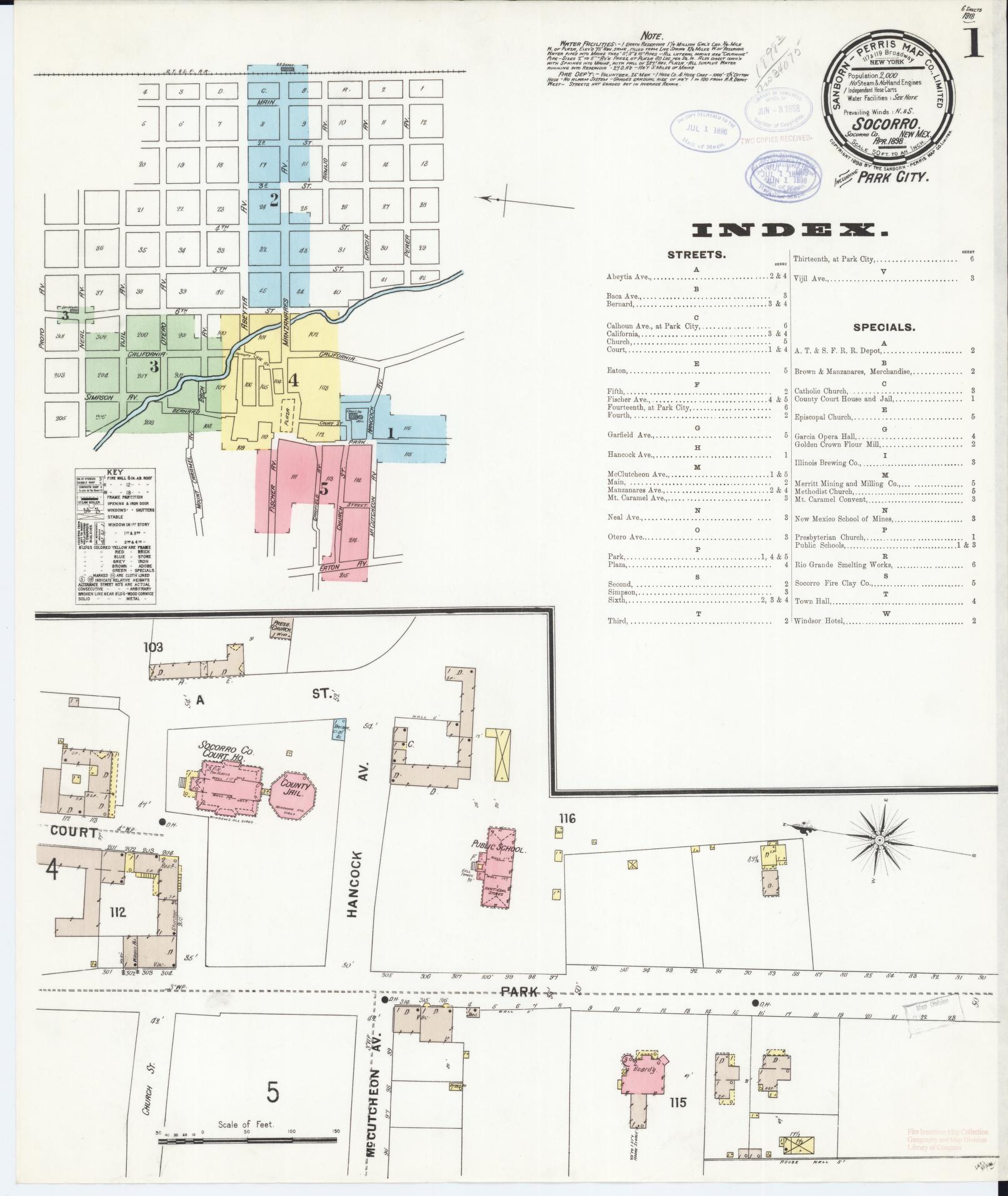 Sanborn Fire Insurance Map from Socorro, Socorro County, New Mexico (1898), Sheet #0001 - Complete Map Set gallery image, historic Sanborn map, vintage wall art, New Mexico New Mexico
