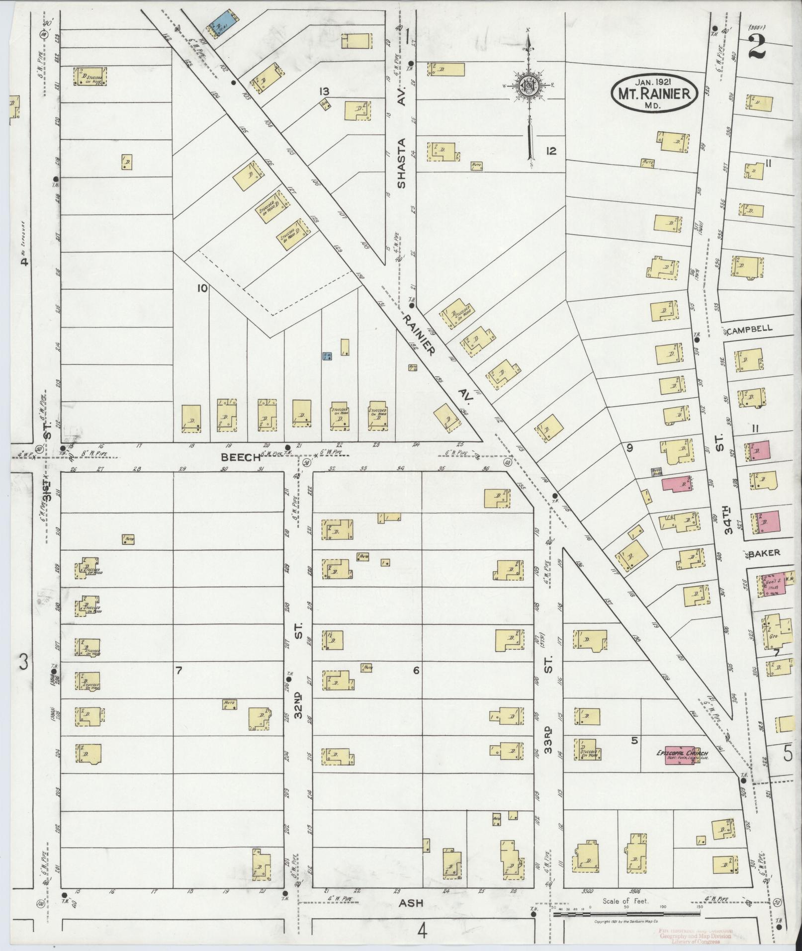 Sanborn Fire Insurance Map from Mount Rainier, Prince Georges County, Maryland (1921), Sheet #0002 - Historic Sanborn Fire Insurance Map Print, vintage old map wall art