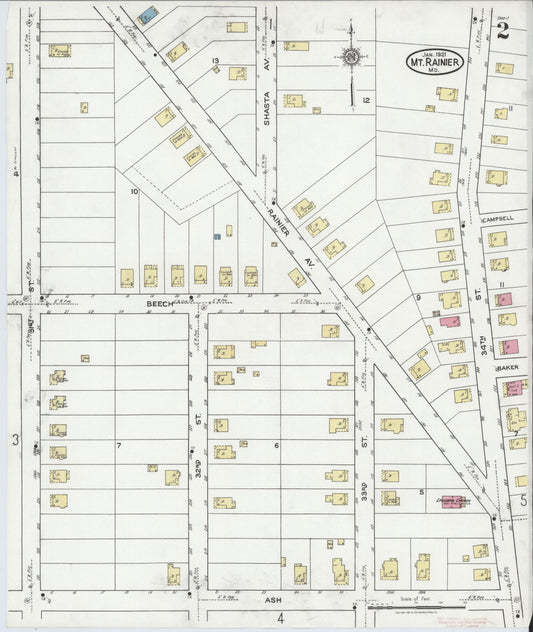 Sanborn Fire Insurance Map from Mount Rainier, Prince Georges County, Maryland (1921), Sheet #0002 - Historic Sanborn Fire Insurance Map Print, vintage old map wall art