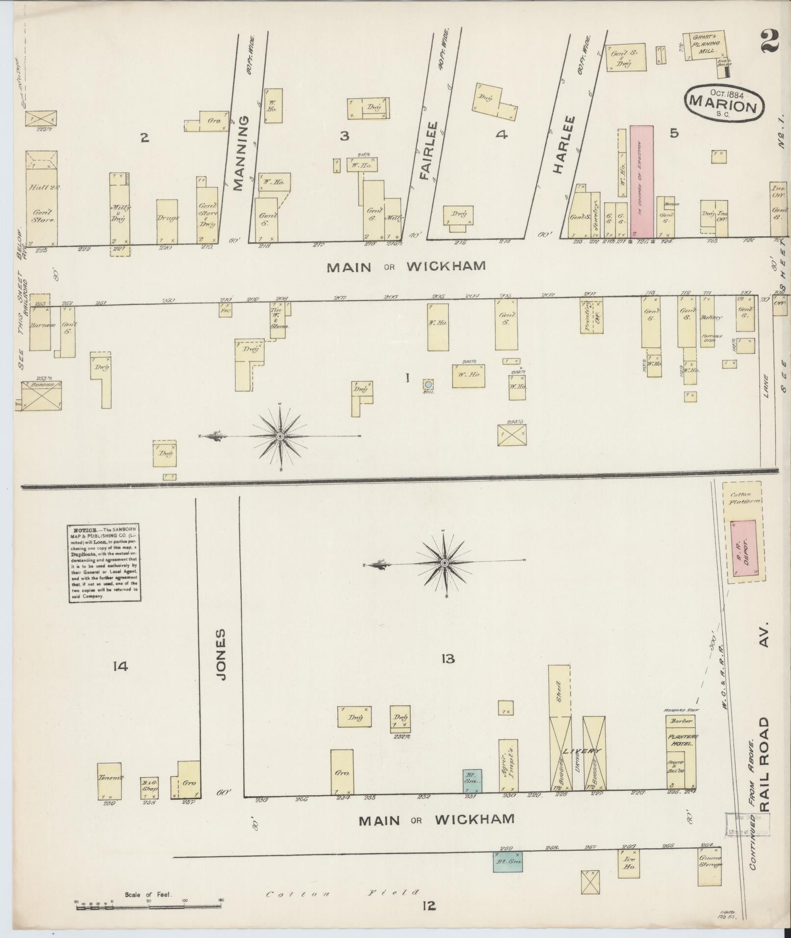 Sanborn Fire Insurance Map from Marion, Marion County, South Carolina (1884), Sheet #0002 - Historic Sanborn Fire Insurance Map Print, vintage old map wall art, antique decor, genealogy gift, South Carolina South Carolina map