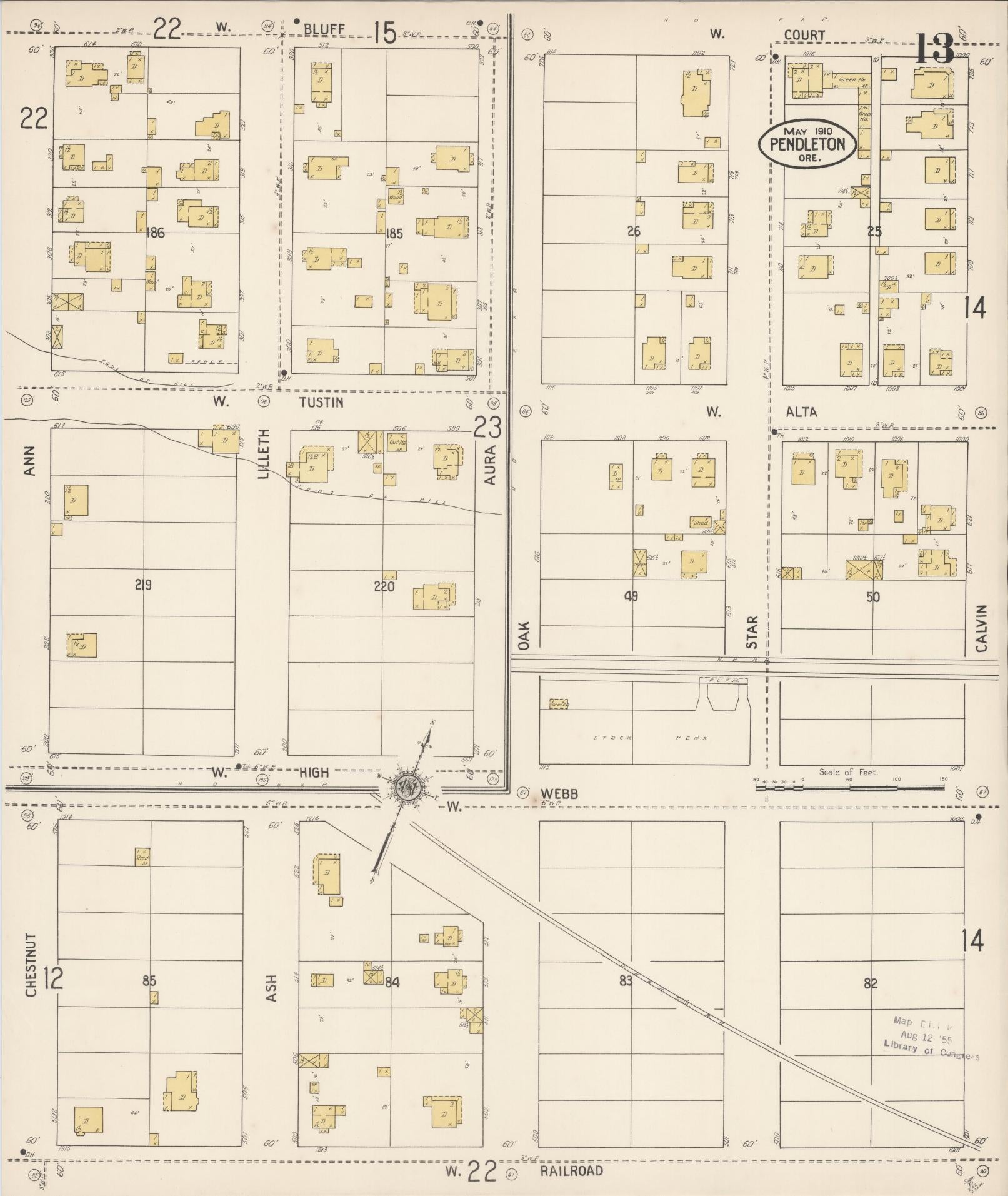Sanborn Fire Insurance Map from Pendleton, Umatilla County, Oregon (1910), Sheet #0013 - Complete Map Set gallery image, historic Sanborn map, vintage wall art, Oregon Oregon