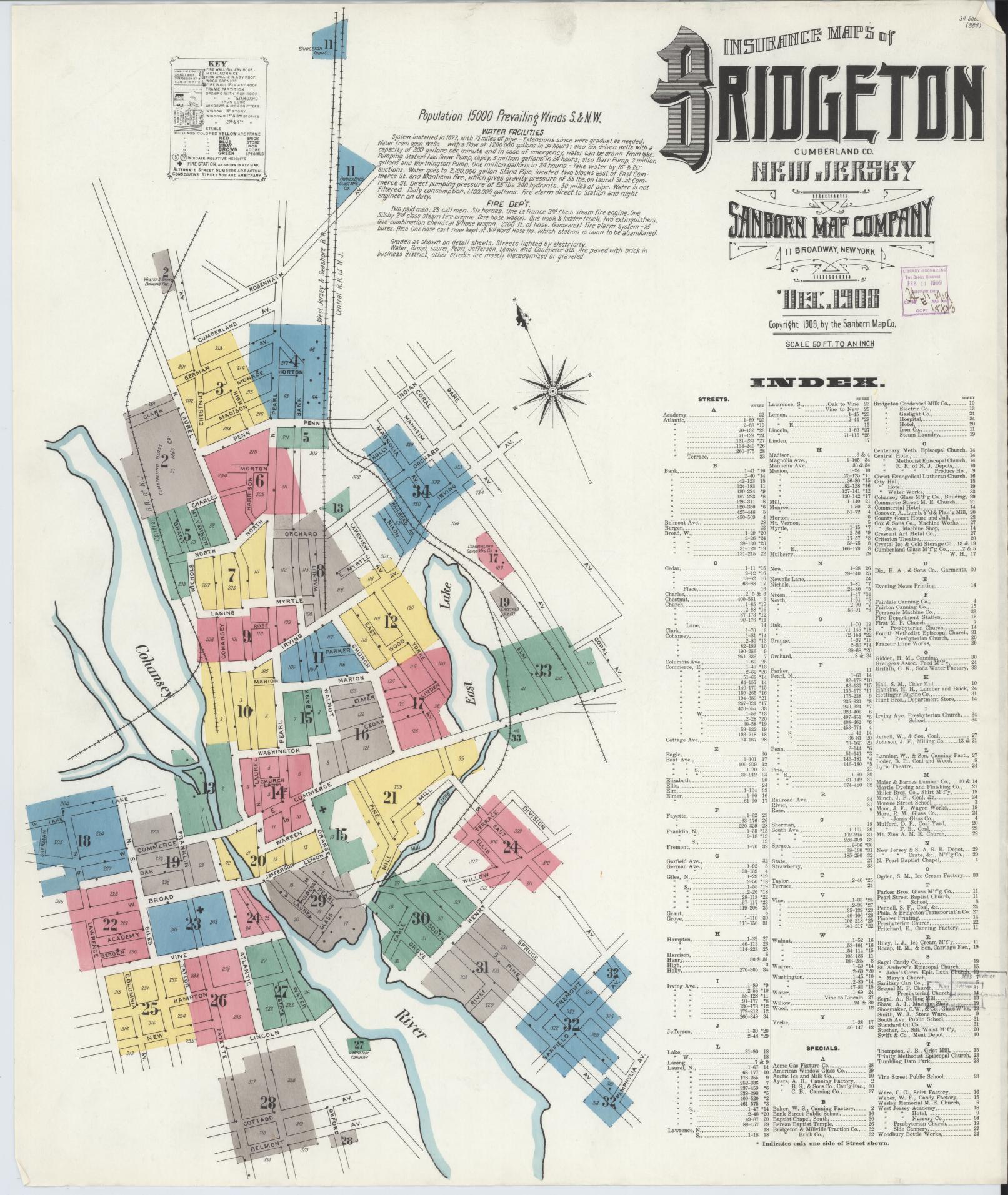 Sanborn Fire Insurance Map from Bridgeton, Cumberland County, New Jersey (1908), Sheet #0001 - Historic Sanborn Fire Insurance Map Print, vintage old map wall art, antique decor, genealogy gift, New Jersey New Jersey map