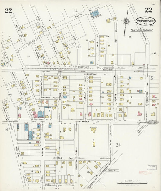 Sanborn Fire Insurance Map from Merchantville, Camden County, New Jersey (1925), Sheet #0022 - Historic Sanborn Fire Insurance Map Print, vintage old map wall art, antique decor, genealogy gift, New Jersey New Jersey map